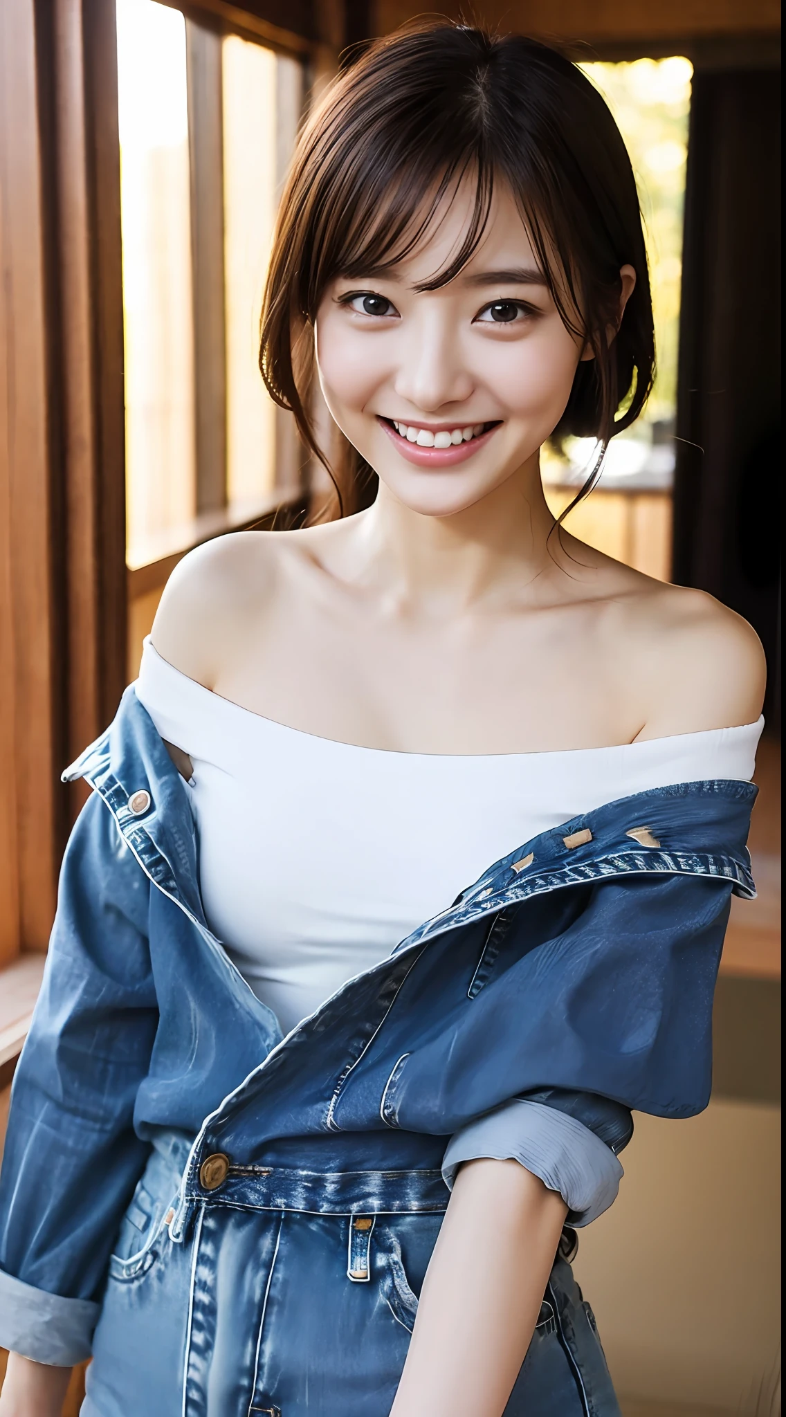 Photo Finish、slender、kawaii、Japan Beauty、Very cute face、smiling slightly、Fine skin、Thin denim off-shoulder、Very small underwear、realphoto、Cinematic light、Clothes are taken off、magic hour、erotic