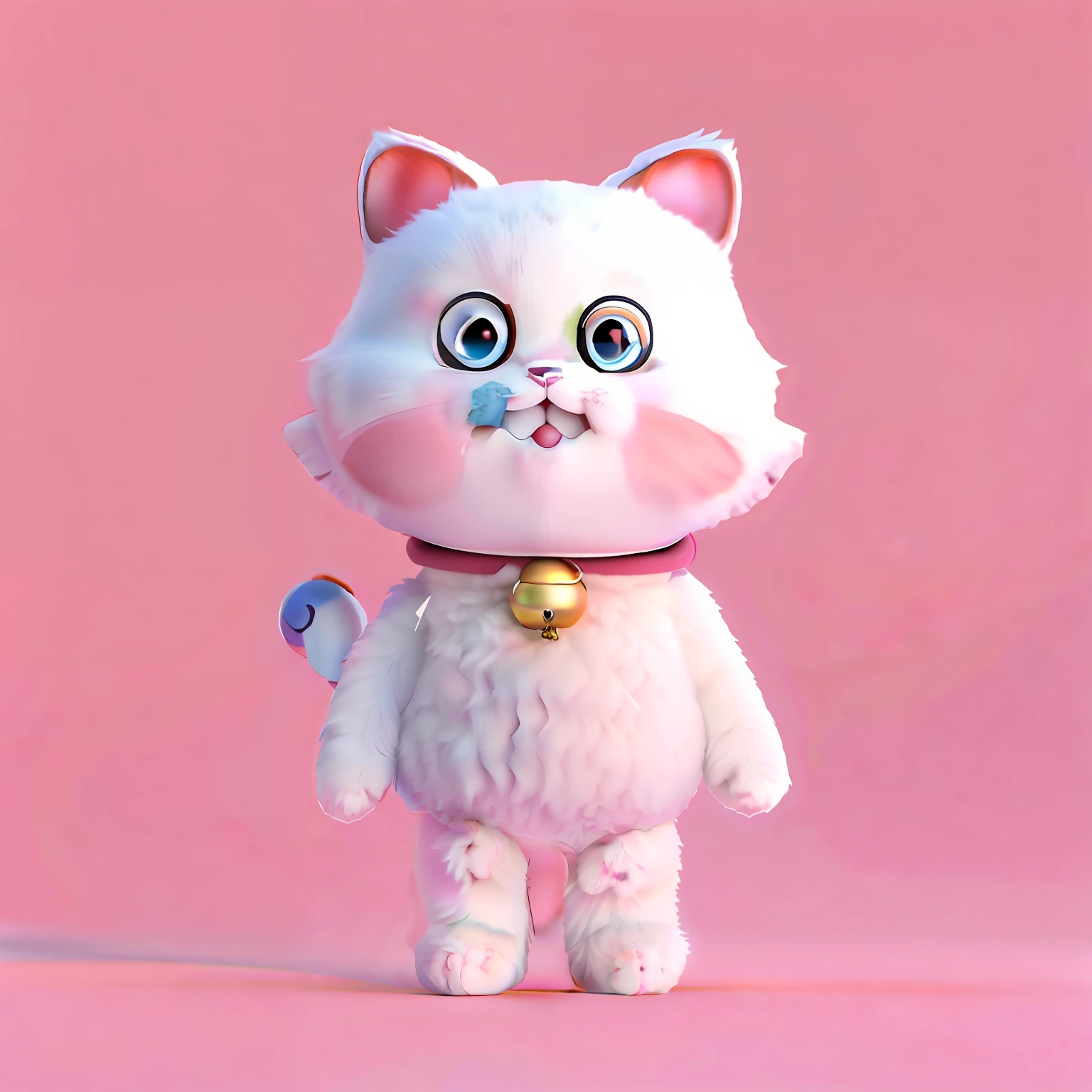 there is a white cat with a red collar and a gold bell, 3D model of a Japanese mascot, cute 3 d render, white cat in a pink dress, Kawaii cat, Cute cartoon character, kawaii! C4D, cute character, cute toy, animation character, A cute cat, anime visual of a cute cat, render of a cute 3d anime girl