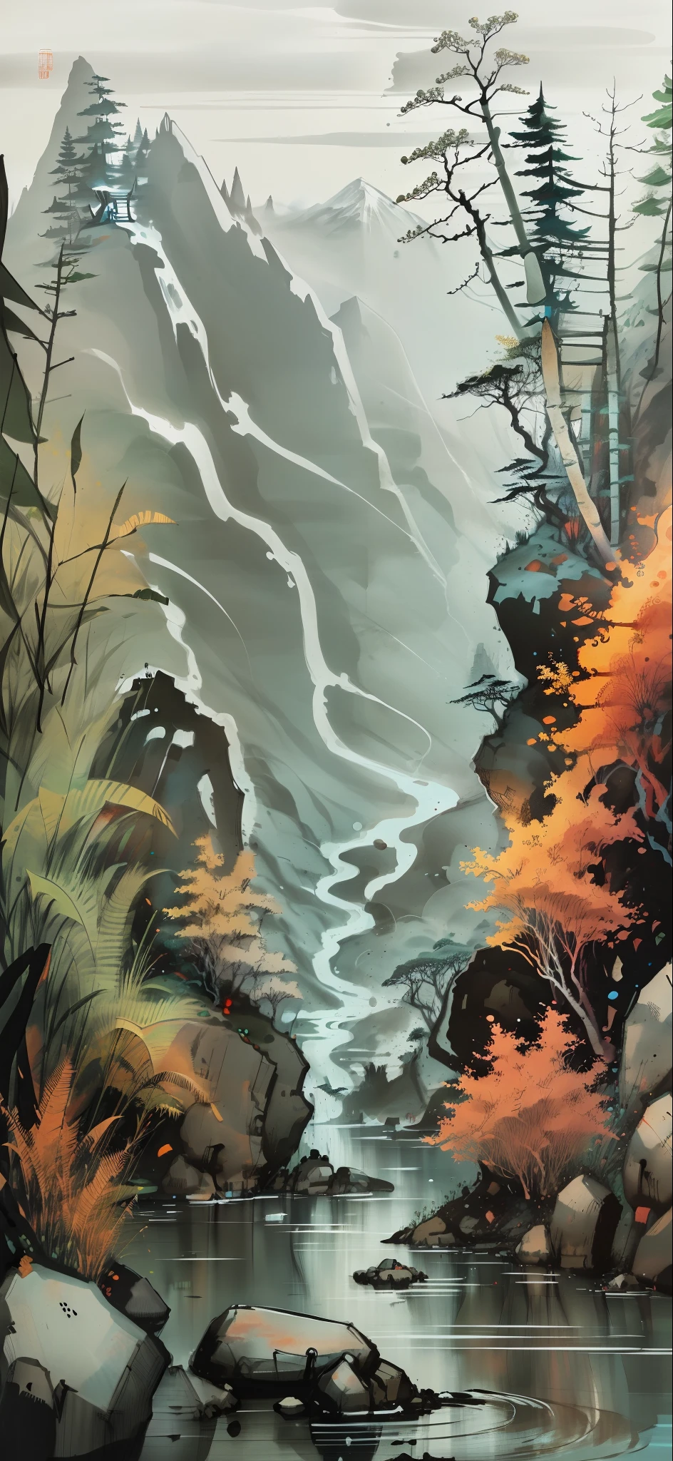 Chinese martial arts style, with vast sky, continuous mountains and steep cliffs, ink wash style, outline light, atmospheric atmosphere, depth of field, mist rising, bamboo, pine trees, stone pavilions, waterfalls,ink