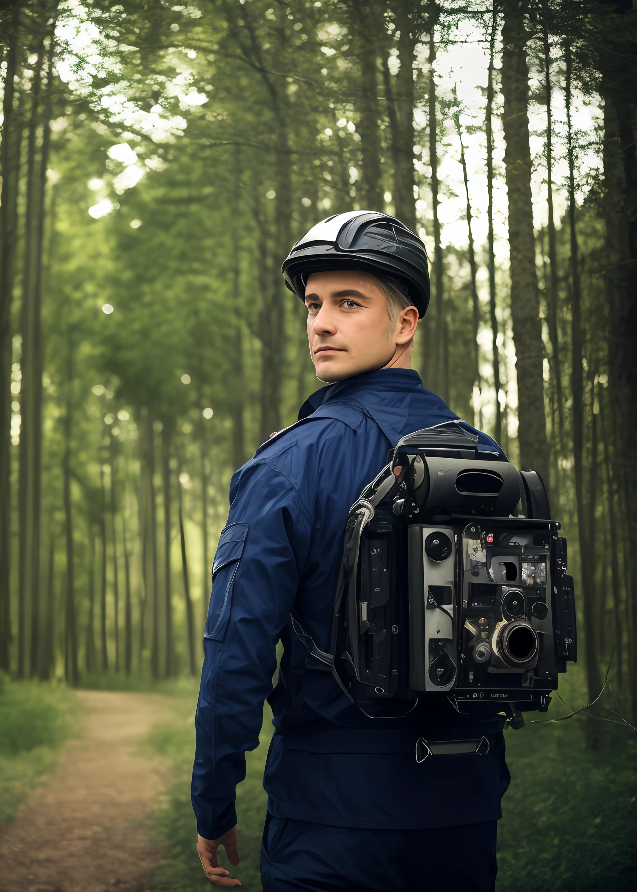 Middle aged man with the cinema camera on the shoulder high resolution futuristic clothes long shoes half helmet Rembrandt light forest in the background