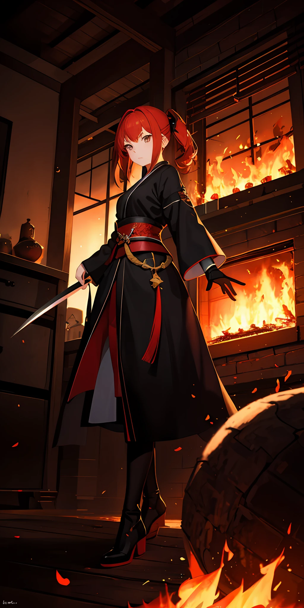 1girl,red hair, flaming eye, katana, flames, burning houses, glowing, sidelighting, wallpaper,