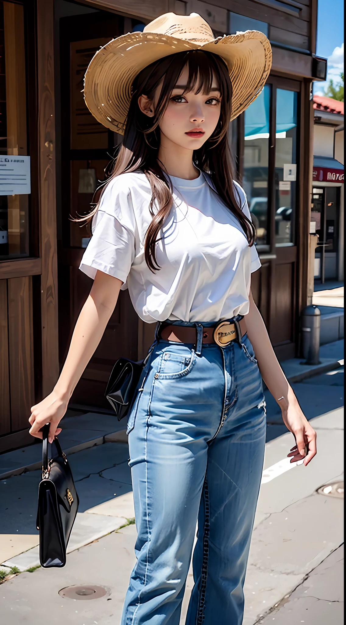 optimal quality,masterpaintings,ultra-high-resolution,(fidelity:1.4),Original photo,A small town in the American West in the 18s,Western denim style,Air bangs,1 young girl,waist belt,Whip,Loose white shirt,Cowboy hat,Denim pants, ponytailhair, curtained hair, side swept bangs, aqua eyes,