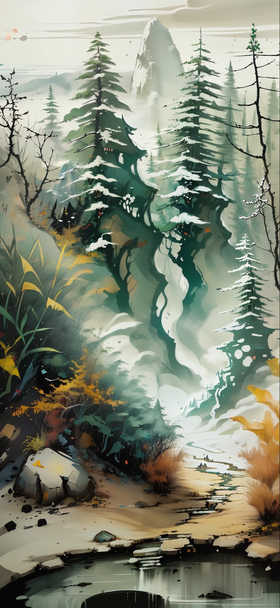 Chinese martial arts style, with vast sky, continuous mountains and steep cliffs, ink wash style, outline light, atmospheric atmosphere, depth of field, mist rising, bamboo, pine trees, stone pavilions, waterfalls,ink