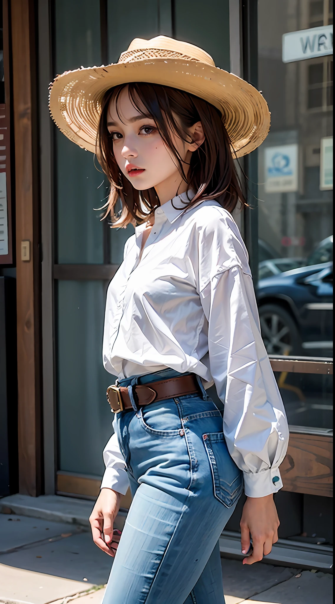 optimal quality，masterpaintings，ultra-high-resolution，（fidelity：1.4），Original photo，A small town in the American West in the 18s，Western denim style，Air bangs，1 young girl，waist belt，Whip，Loose white shirt，Cowboy hat，Denim pants， ponytailhair, curtained hair,  side swept bangs, aqua eyes,