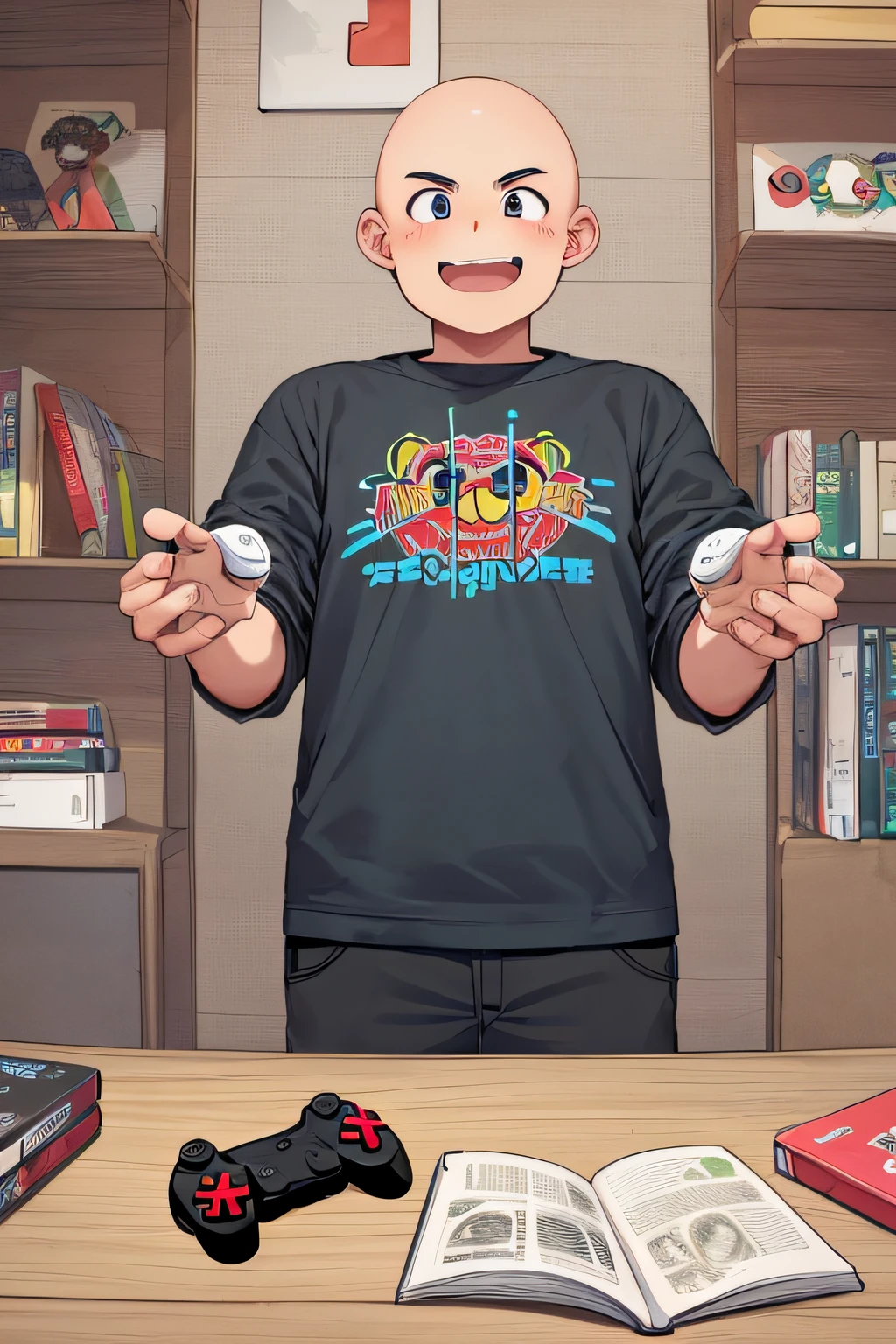 one boy, bald, careca, adulto, careca, acima do peso, gordo, corpo largo, moletom laranja, usando moletom laranja, sobrepeso, boca fechada, Video game controller in hand, sentado, olhando no visualizador, Foco masculino, linhas de movimento, divertido, sem cabelo, sem cabelo, barba fina, gordura, acima do peso, segurando o controlador de videogame, estilo anime
