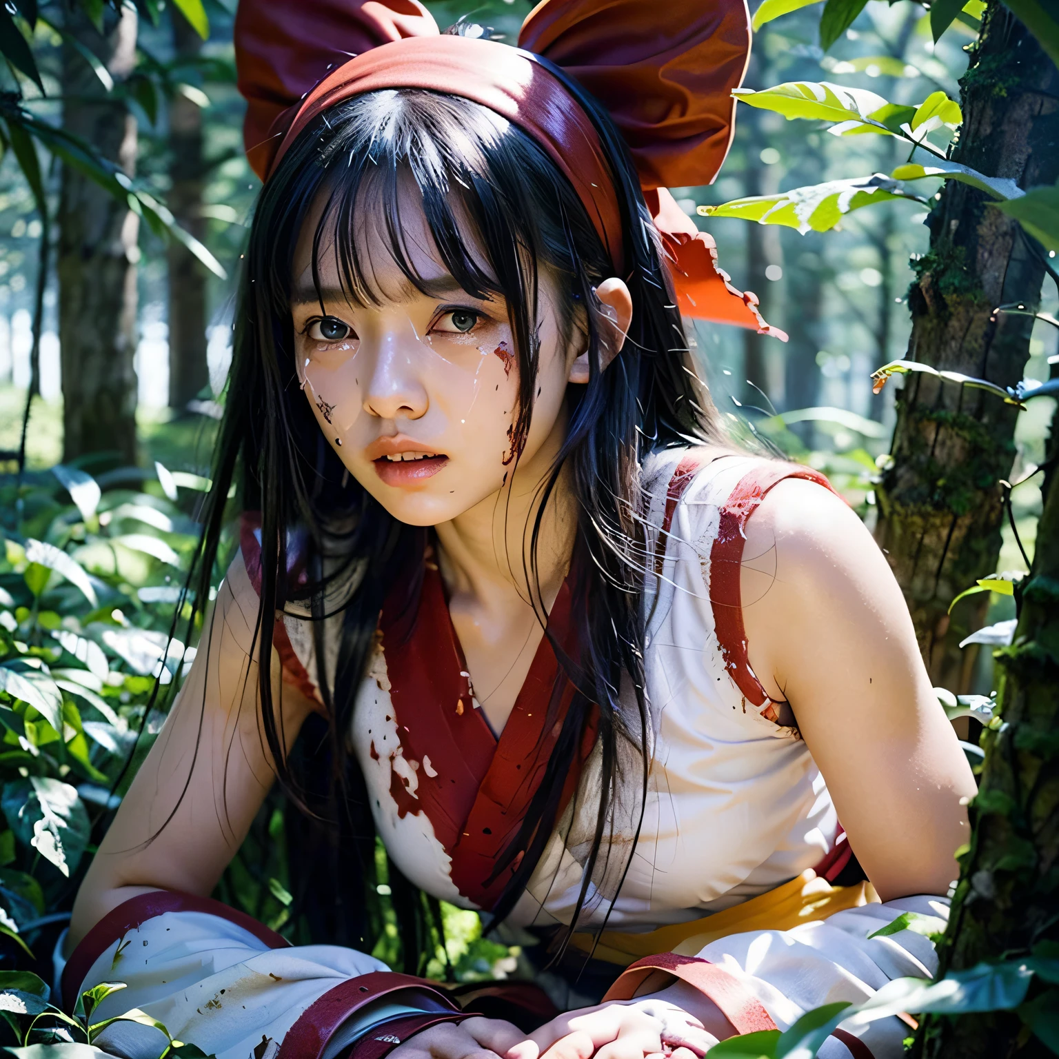 (Master masterpiece), (Raw photography、the best quality), ultra-high-resolution, Professional artwork, superdetailed, intrikate, details face, Perfect Lighting, (1 Girl、独奏:1.2)、Nakoruru、length hair, Red bow, bow, Blue Eye, black har, arma, ainu clothes, Hair Bow, hair band, reverse grip, ngel, Underpants,  gloves, extra very long hair, looking at the viewers, poneyTail, Whole human body、Underarms、Naked foot, cleavage of the breast、Sleeveless, Fingerless gloves, in a kimono, obi,(perfect hand:1.5)、(Perfect_Anatomy:1.2)、Octane Render、(Crying、weak and tired eyes、Tears:1.2),(Bruises and blood stains on the face and body、blood flowing from head and face、injuries on body、Damage、Wounds and cuts、bleeding lips:1.3),(Torn clothing、Tattered clothes:1.5)、(Kneeling weakly:1.2)、 (inside forest)、tousled hair、Tired and weak face、(Perfect Body、flawless、perfect thighs)、((Blood stains on clothes、bloody skin:1.3))、(Film lighting)、Soft lighting、Complex and cinematic appearance、Cinema tick writing、Dynamic angles