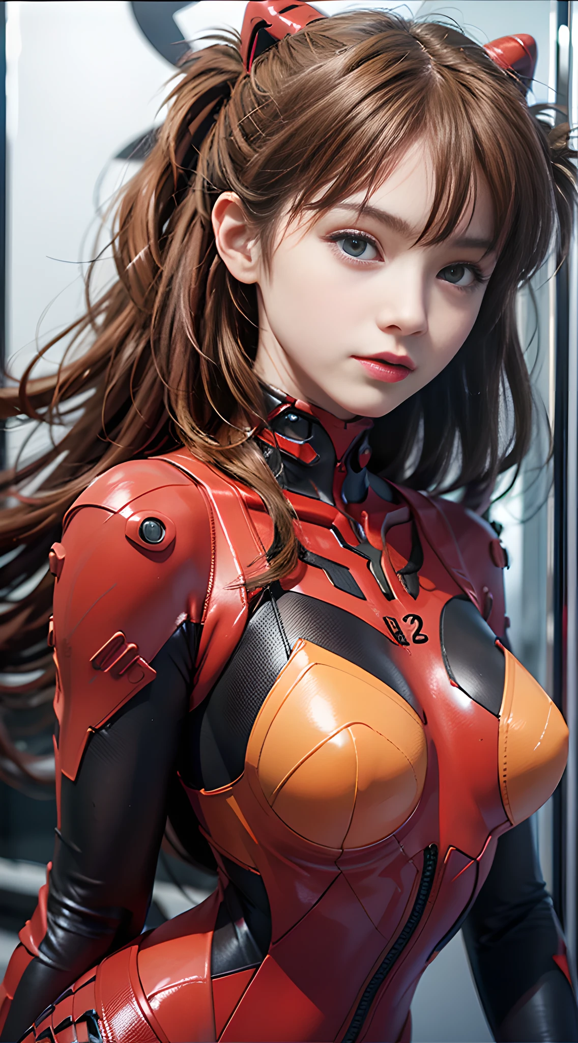 （overhead view），dynamic angle，superdetailed，illustration，Close up of，Straight Forward，1girl huge large breasts，souryuuasukalangley，
 （（souryuu asuka langley，Interface headset，red body suit：1.4，bionde）），Her eyes shone like dreamy stars，（gloweyes：1.233），（Beautiful and delicate eyes：1.1），（Expressionlessly，Keep your mouth shut），（to stand），
（Mechanical room with tools and spaceship windows in a white spaceship），
（夜晚：1.2），Dreamlike， [[Slender fingers and hands：0.55]：：0.85]，（detail finger），