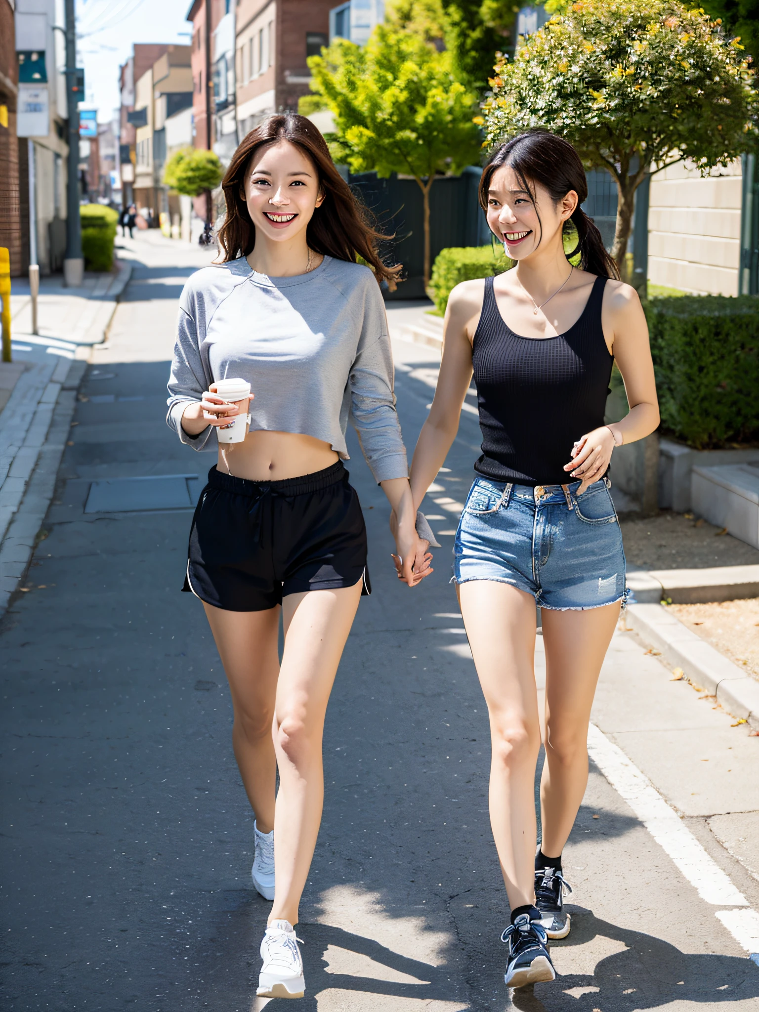 Masterpiece, absurdres,HDR,8k,excited,smirking,best quality,
beautiful edgHapa_woman, a woman in shorts and a top is walking down a sidewalk , pretty edgHapa_face, perfect edgHapa_body