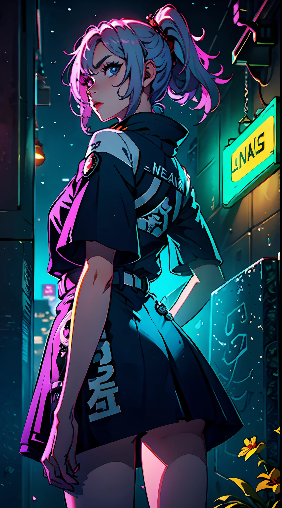 1cyber girl, solo, , close up, roupa futurista, samurai neon, samurai cyberpunk muito bonito, samurai cyberpunk, Ghost Blade Style, estilo cyberpunk, estilo cyberpunk neon, personagem de videogame, imagem synthwave, cyberpunk, arte conceitual brilho neon, lua, lanterna, noite, solo, ao ar livre, heaven, lua cheia, chuva, montanha, nuvem, lanterna de papel, night sky, reflexo,, {{(obra-prima),(extremamente detalhado CG unidade 8k wallpaper), (peitos laterais), melhor qualidade, solo, cinematiclighting, fundo detalhado, belos olhos detalhados, pupilas brilhantes, (um extremamente delicado e bonito), (description of beautiful and detailed eyes), ultra-detalhado, obra-prima, }}, olhos detalhados, olhos bonitos, olhos realistas, olhos bonitos, olhos perfeitos, Rear view, (anamorphic rays, ramen shop), brilho, profundidade de campo