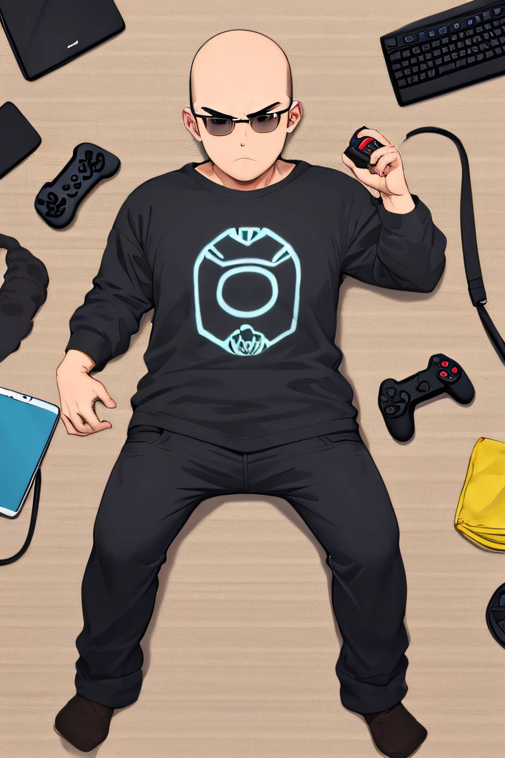 Um Menino, em breve, careca, adulto, careca, acima do peso, gordura, Corpo largo, moletom laranja, usando moletom laranja, sobrepeso, boca fechada, Video game controller in hand, sentado, olhando no visualizador, Foco masculino, linhas de movimento, divertido, sem cabelo, sem cabelo, barba fina, gordura, acima do peso, segurando o controlador de videogame, Estilo anime