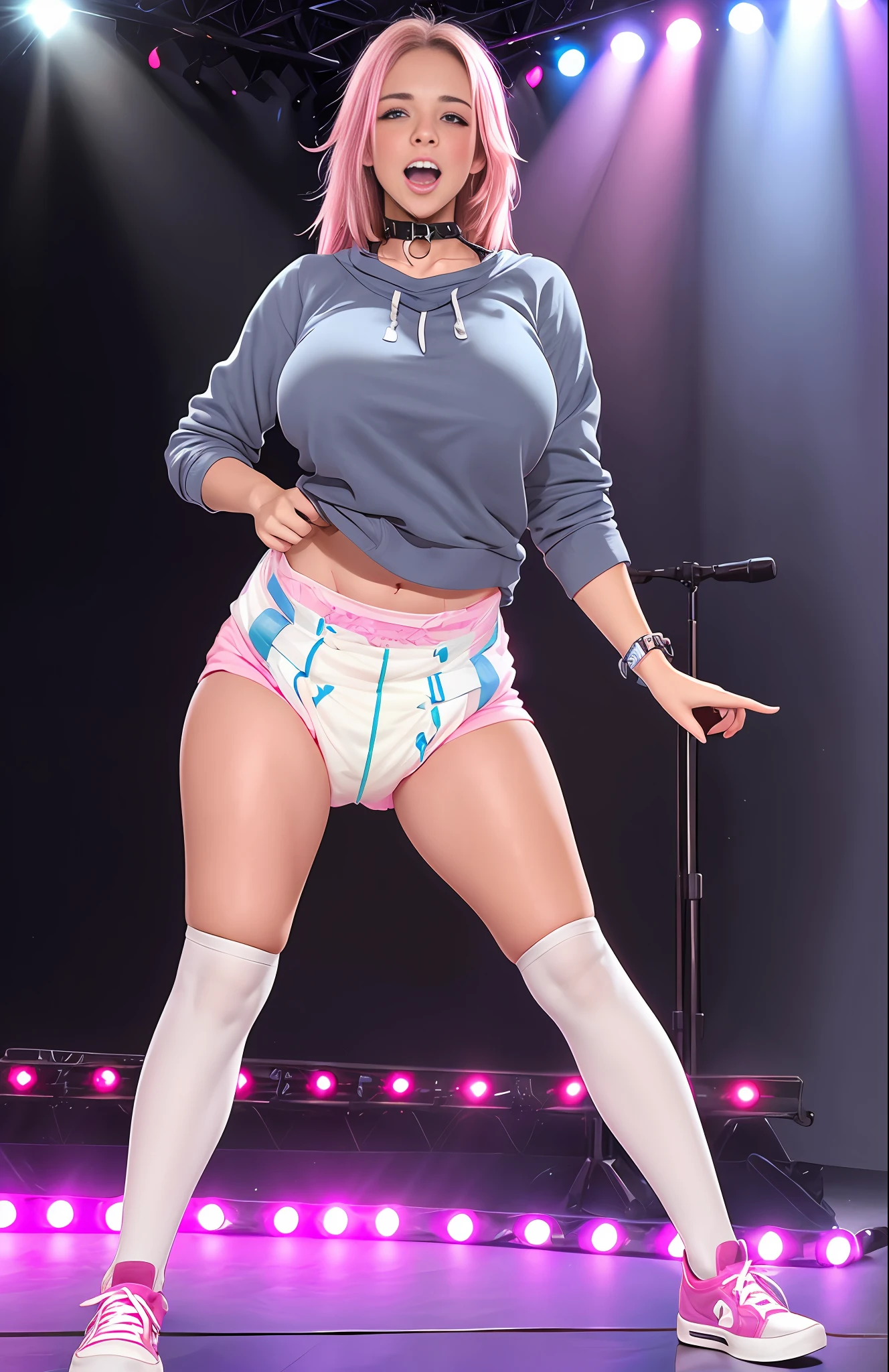 Sexy college sorority girl wearing a (big diaper), standing in front of her lecture hall, ((embarrassed)), center of attention, pleasure, (kinky), facing crowd, sweatshirt, sneakers, striped stockings, colorful, fantasy, (magic), (magical fog), mature, (big breasts), wide hips, blushing, stage, stage lights, ((vulnerable)), kinky, blonde, ((blushing)), surprised, raised eyebrows, shocked, ((orgasmic)), (((hypnotized))), (hypnotic), (drooling), (submissive), ((glowing pink eyes)), (magic), ((relaxed)), ((ahego)), (tongue), ((ecstasy)), collar