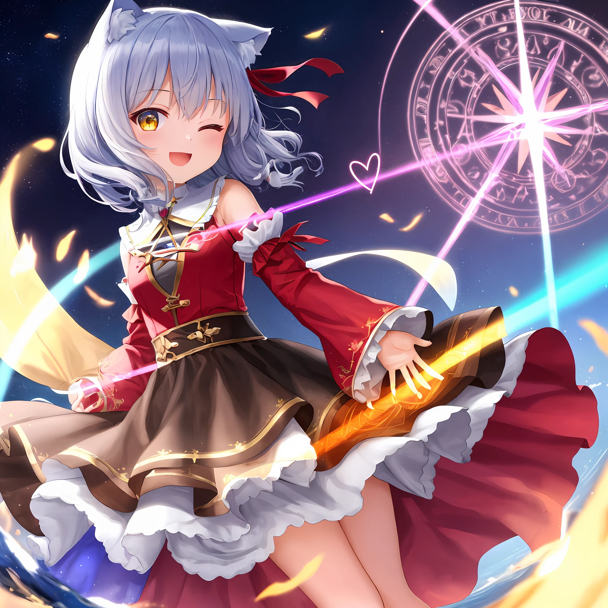 ((best quality, distinct image)), (delicate illustration), 8k,

(loli:2),(nekomimi:1.2),(early teen:1.3),light blue hair,yellow eyes,one eye closed,short curly hair,(looking at viewer)
(wind effect:1.5),pixiv,(dynamic angle),(magic elements:1.3), (Effect: 1.3),one girl shooting wide (laser:1.2) in shape of heart at viewer, ((magic circle:1.2)),(from front:1.4),heart shaped hands,
(powder light:1.2),long sleeves,outdoor,bloom,happy smile,spoken heart,
((ultra-detailed)),masterpiece,best quality,(1 girl),(illustration),standing,raise heels,floating colorful bubbles, ((is wearing magic girl costume)),(Hands are hidden by sleeves:1.4),(overly too long sleeves:1.3),(powder light:1.2),(lens flare:1.1),
(laser rays of light shape of heart:1.2) effect, growing heart, (ripple)
BREAK
Lovely and cute background
BREAK
cowboy shot,