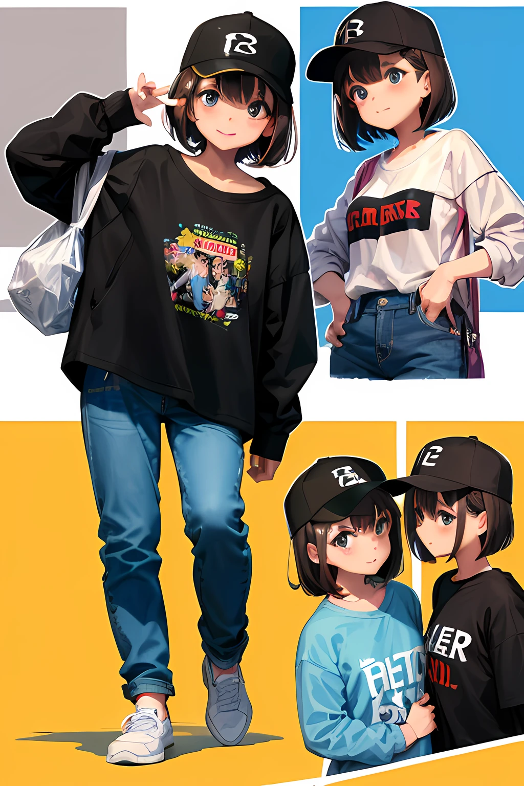 A masterpice、最好质量、16 K、Textured skin、One woman、cheely smile、Brown hair、bob cuts、Baseball Cap、Sweatshirt、(very baggy jeans)、White sneakers、Pulling Picture