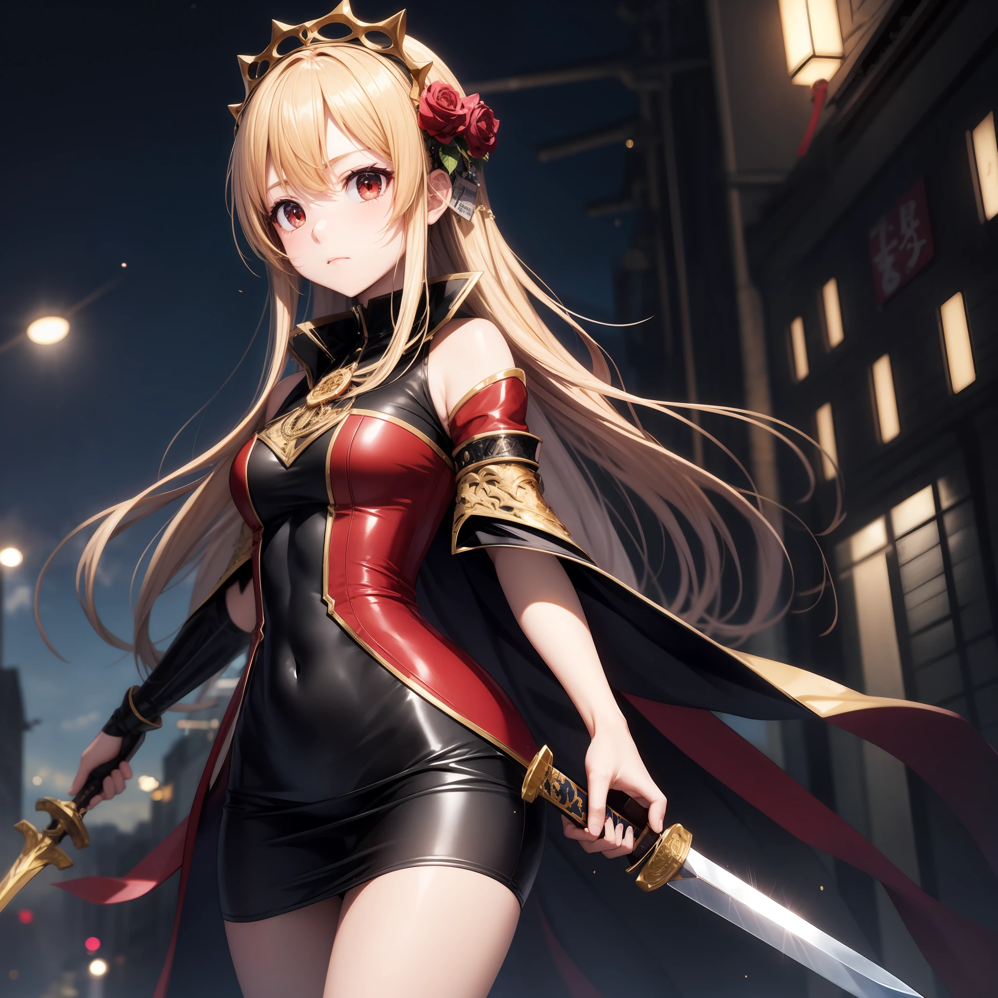 アニメ、One beautiful blonde girl、red-eyed、doress、a sword