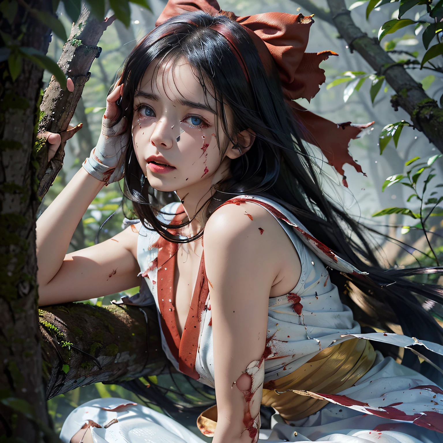 (Master masterpiece), (Raw photography、the best quality), ultra-high-resolution, Professional artwork, superdetailed, intrikate, details face, Perfect Lighting, (1 Girl、独奏:1.2)、Nakoruru、length hair, Red bow, bow, Blue Eye, black har, arma, ainu clothes, Hair Bow, Hair Band, reverse grip, ngel, Underpants,  gloves, extra very long hair, looking at the viewers, poneyTail, Whole human body、Underarms、Naked foot, cleavage of the breast、Sleeveless, Fingerless gloves, in a kimono, obi,(perfect hand:1.5)、(Perfect_Anatomy:1.2)、Octane Render、(Crying、weak and tired eyes、Tears:1.2),(Bruises and blood stains on the face and body、blood flowing from head and face、injuries on body、Damage、Wounds and cuts、bleeding lips:1.3),(Torn clothing、Tattered clothes:1.5)、(Kneeling weakly:1.2)、 (in woods)、tousled hair、Tired and weak face、(Perfect Body、flawless、perfect thighs)、((Blood stains on clothes、bloody skin:1.3))、(Film lighting)、Soft lighting、Complex and cinematic appearance、Cinema tick writing、Dynamic angles