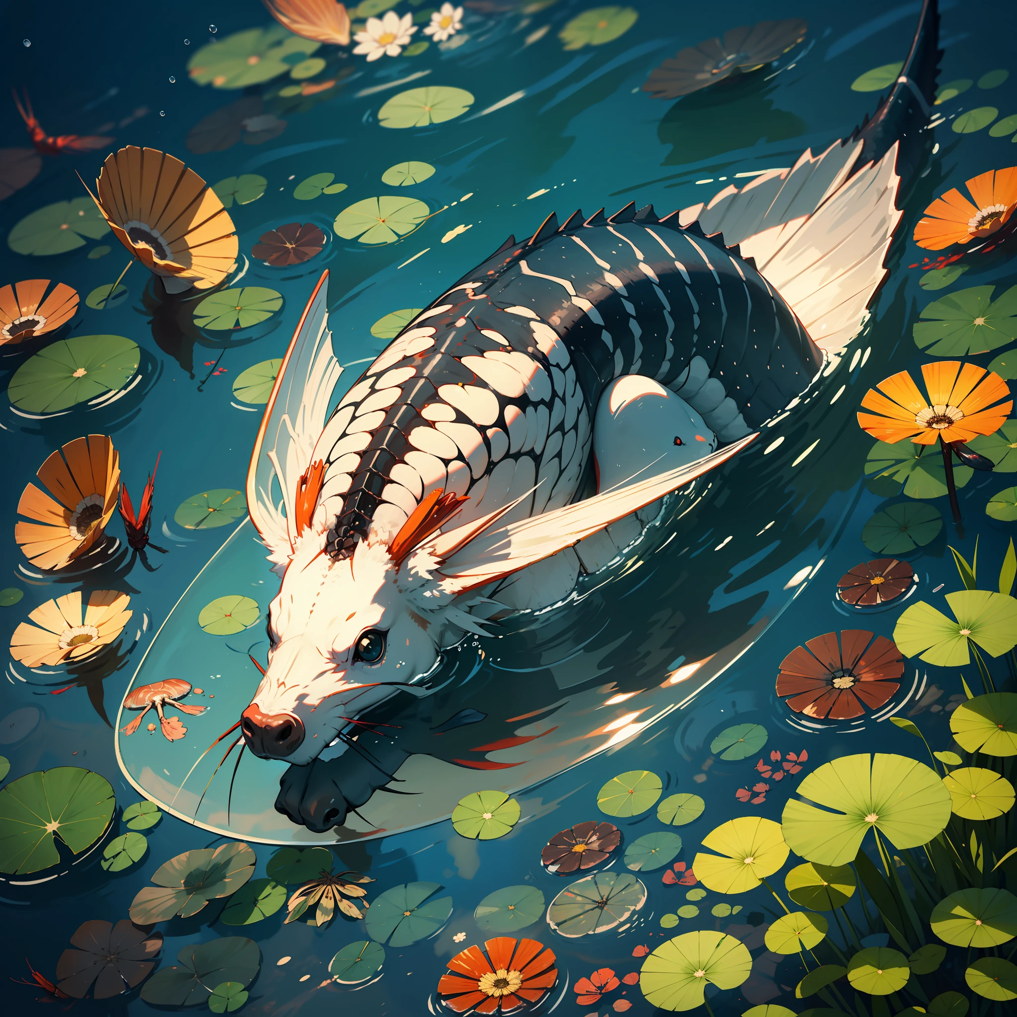 On the surface of the pond,There are some fish floating with tumbles,Wild boar animal skeleton,Fish bones,Dead mouse bones,Shrimp shells,The body of the animal。Chaotic water。Exquisite and clear picture。Colorful screen。Light is transparent