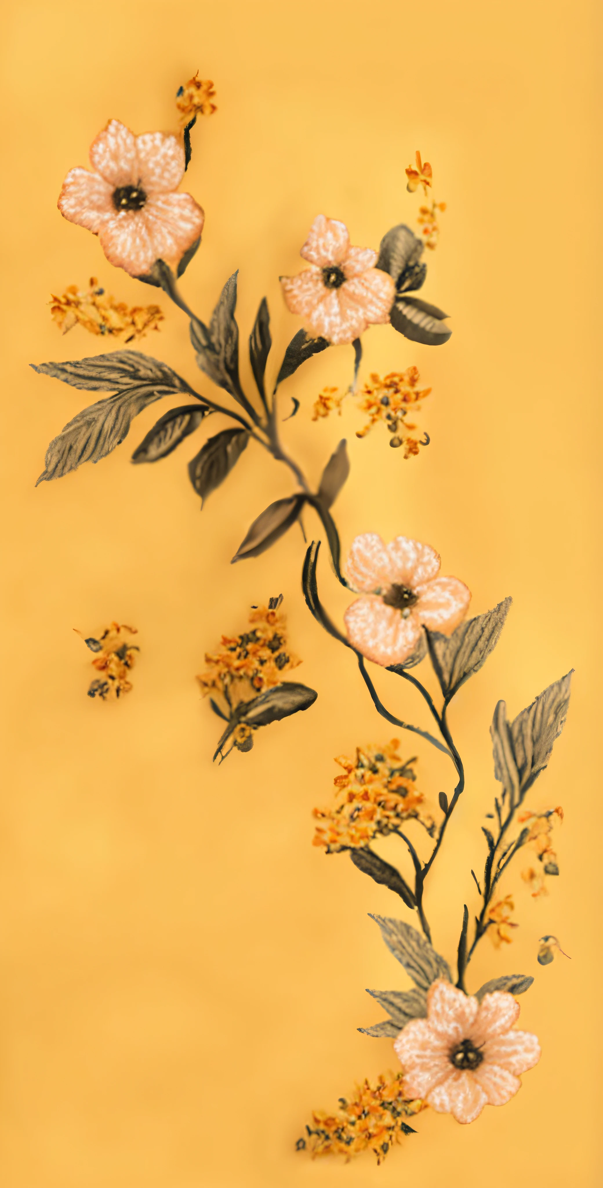there is a yellow plate with a floral design on it, flores de ouro, ocre detalhes, bordados florais, Detalhes florais, Flores douradas, floral painted backdrop, flores e ouro, com flores amarelas ao redor, Florido, tons de amarelo, flores amarelas, flores com detalhes intrincados, inspirado em Johannes Bosschaert, rendas florais, motivos florais
