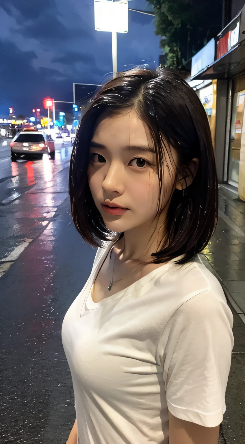 ((最好质量、A masterpice:1.3))、sharp-focus:1.2、(realisic、photoreallistic:1.37)、perfect beautiful female、Highly detailed facial and skin texture、Detailed eyes and double eyelids、short-hair、Upper body body、siluette、small busts、Small necklace、Pale white cotton short sleeve shirt、sodden、Street at night with heavy rain、Night view of rainy city、Thick night rain clouds、