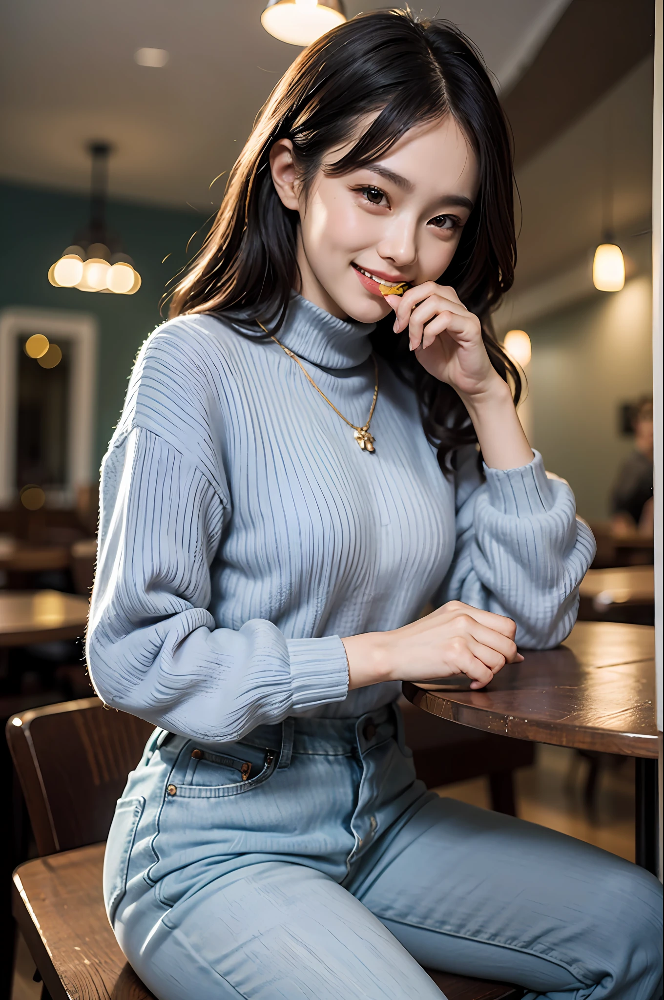 18 year old girl with perfect face and big breasts, cute clothes, slim and slender physique. The skin has detailed and highly detailed eyes (1.1 emphasis), very detailed skin texture (1.1 emphasis). slender necklace, model photo style, photorealistic, skin texture is real human skin texture, detailed skin pores, intricate details, eyes very detailed, knee up, attractive sexy chibi, smile, happy smile, eating parfait in café, sitting, dark blue high neck knit sweater, black long pants, café, sweets --s2