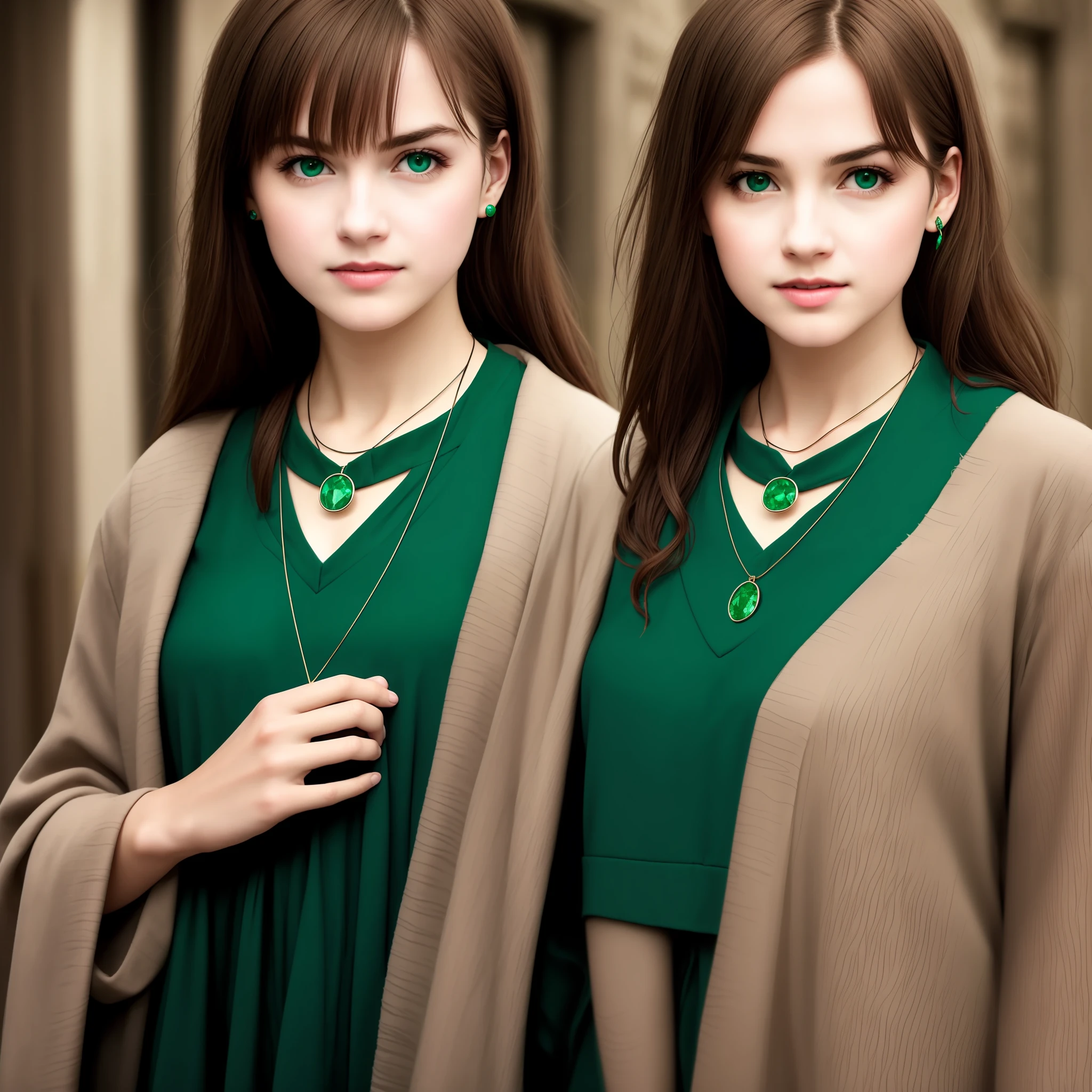 Harry Potter series female,Slytherin House,Brown eyes,Black-brown hair,Necklace with dragon-shaped set emeralds,