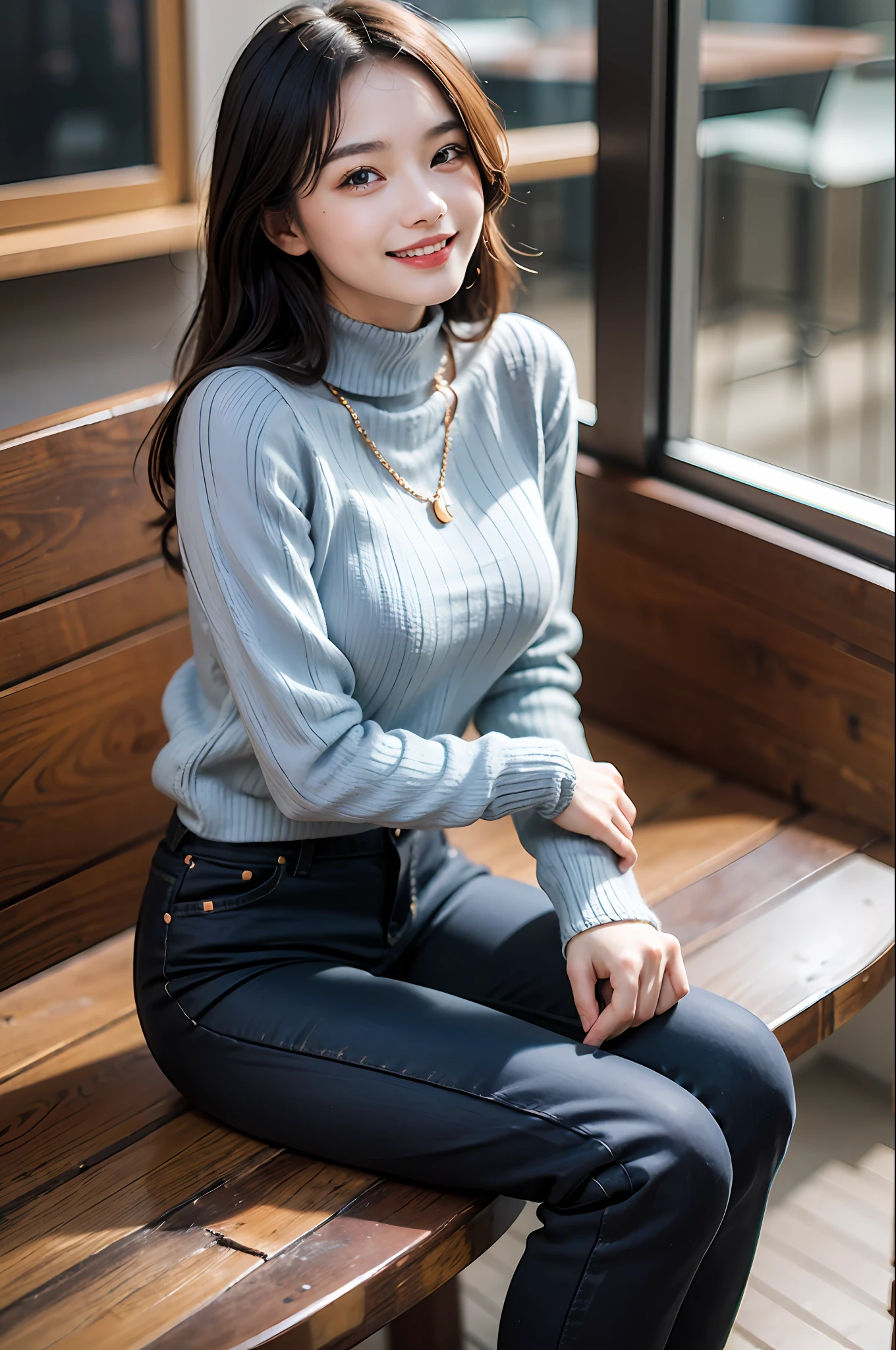 18 year old girl with perfect face and big breasts, cute clothes, slim and slender physique. The skin has detailed and highly detailed eyes (1.1 emphasis), very detailed skin texture (1.1 emphasis). slender necklace, model photo style, photorealistic, skin texture is real human skin texture, detailed skin pores, intricate details, eyes very detailed, knee up, attractive sexy chibi, smile, happy smile, eating parfait in café, sitting, dark blue high neck knit sweater, black long pants, café, sweets --s2