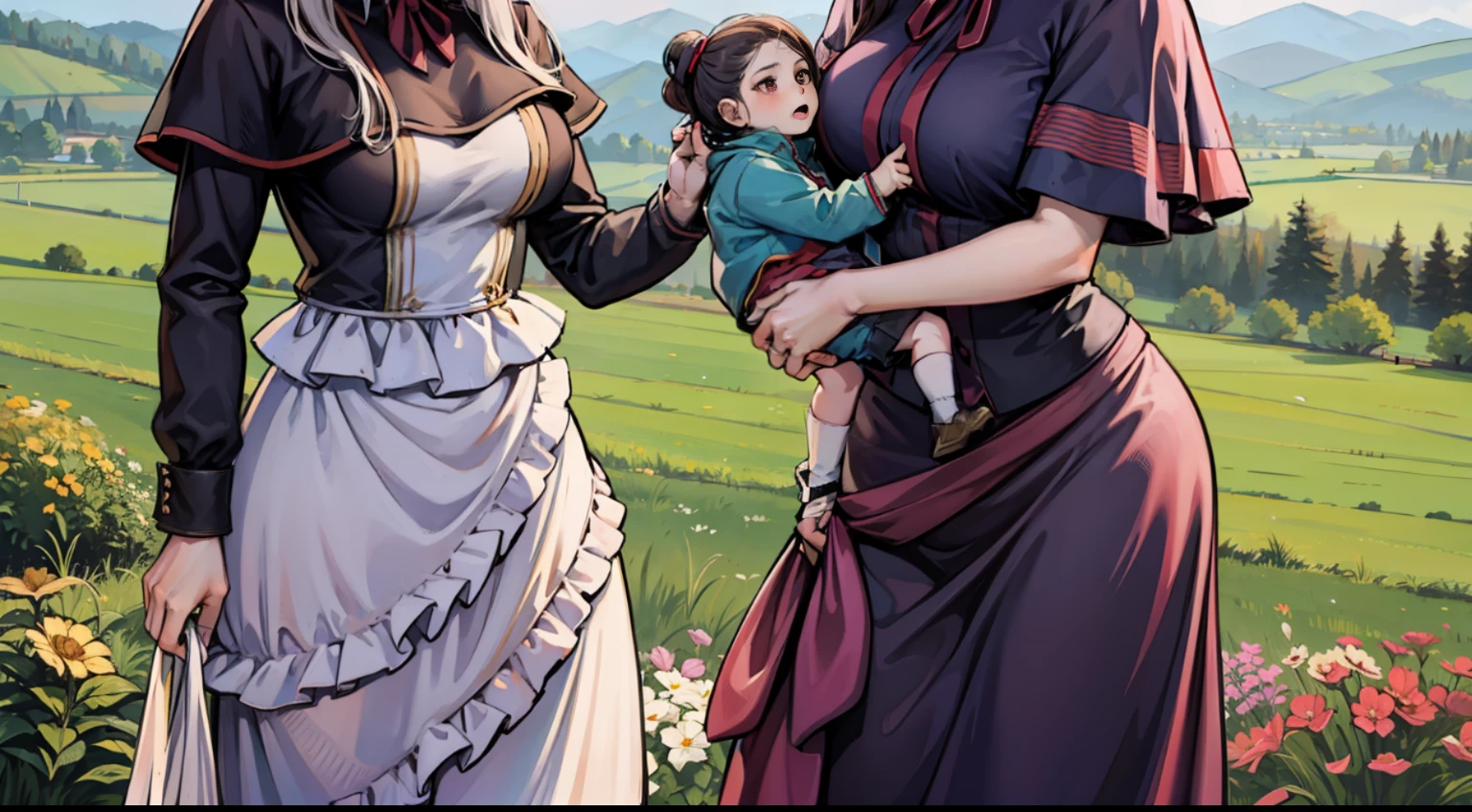 Two women in the countryside, one holding their child, said this