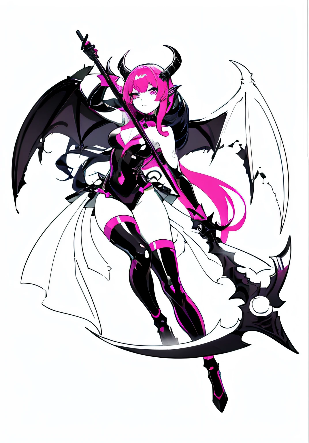 A painting of a succubus woman holding a scythe, Pink color scheme，clean lineart, lineart, thick black lineart, clean anime outlines, bold lineart, perfect lineart, intense line art, beautiful succubus, simple lineart, demon anime girl, thick lineart, extremely fine ink lineart, line art!!, Succubus, lineart behance hd