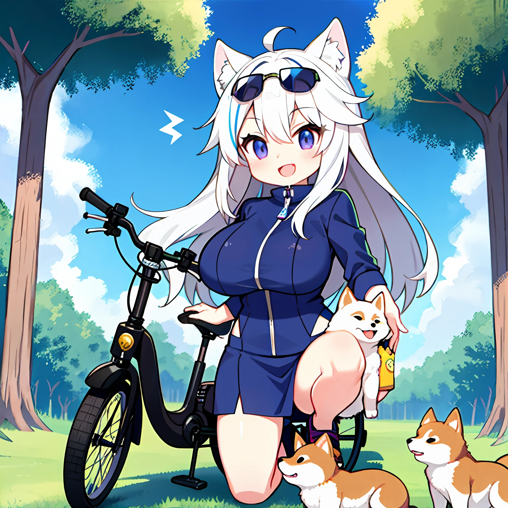 masterpiece,best quality,1girl huge large breasts,White hair,O cabelo multicolorido,Purple eye,Wear a mask on your head,Sideslit,light particules,wall paper,A laughs on an electric bike, next to a Shiba Inu, Miyazaki anime style, Blue sky, Large clouds, Grass