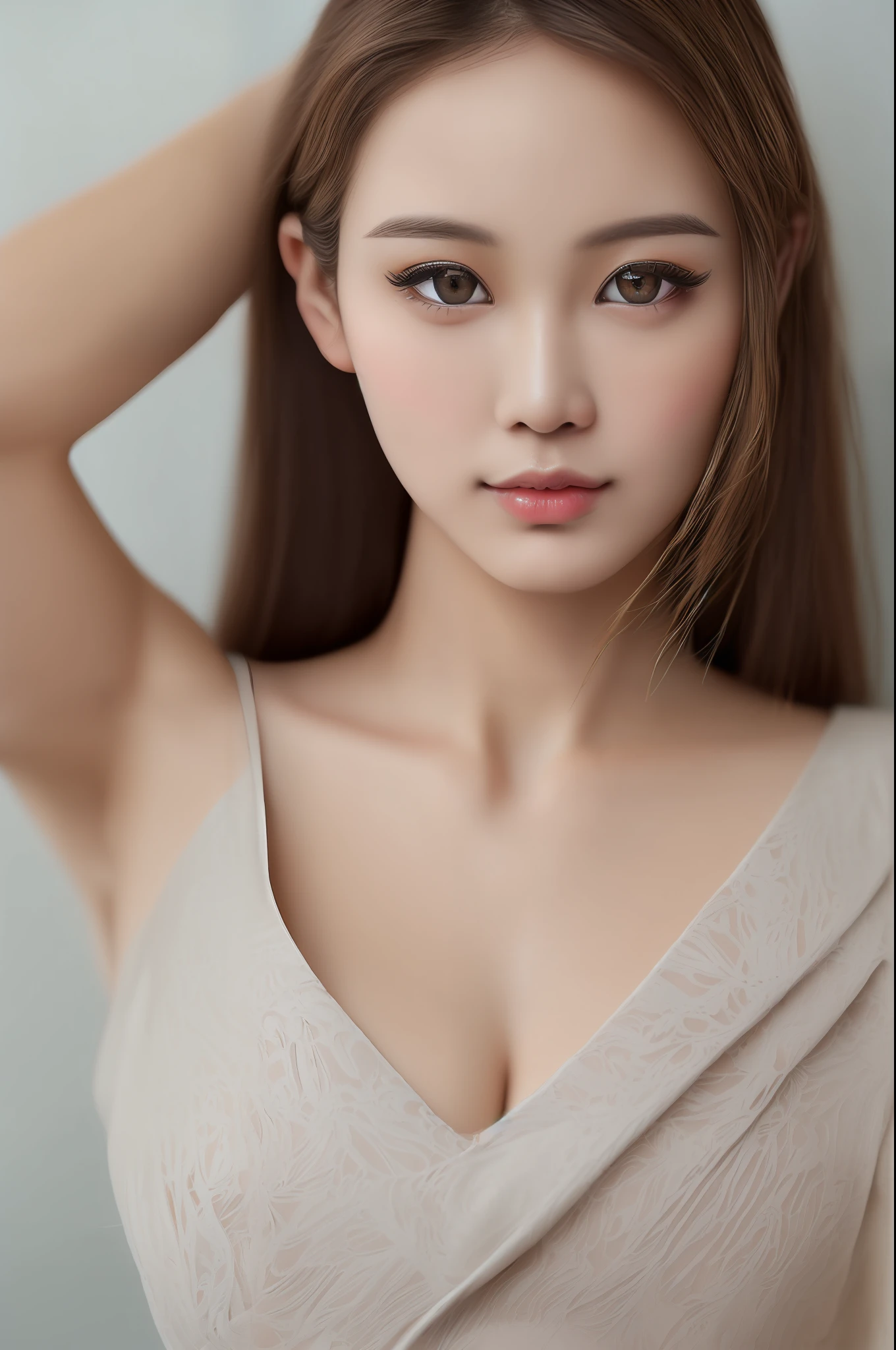 (nsfw:1.2), (1girl:2.0), (solo:1.5), (Javanese girl:1.9), (upon body from head to thigh:2.0), (arms on hips:1.7), (light smile:1.3), (white shirt:1.5), (grey miniskirt:1.5), (no bra:2.0), (braless:2.0), (slender abs:1.5), (detailed realistic skin:1.3), (extremely detailed realistic caramel hair:1.3), (beautiful realistic hairstyle:1.3), (realistic hair:1.3), (beautiful realistic face:1.3), (beautiful realistic Javanese girl face:1.9), (extremely detailed realistic face:1.3), (realistic eyes:1.5), (extremely detailed realistic eyes:1.5), (perfect eyes:1.5), (extremely detailed realistic pupils:1.5), (extremely detailed realistic eyelashes:1.3), (detailed realistic lips:1.3), (beautiful realistic lips:1.3), (realistic medium breasts:1.3), (breast cleavage exposed:1.5), (masterpiece:1.2), (best quality:1.2), (realistic:1.2), photography, Nikon, 85mm, 8k, (sharp focus:1.2), (high resolution:1.2), (ultra-detailed:1.2),