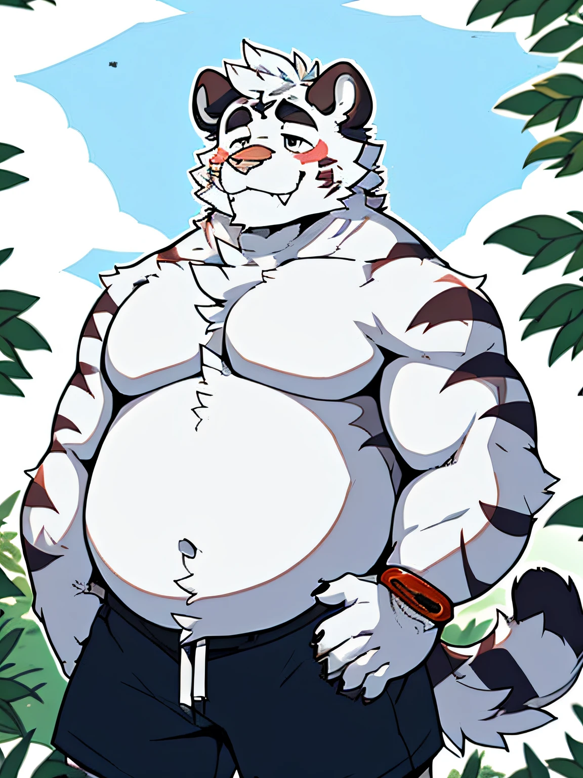 A chubby panda，Station capital relaxing manga, Humanoid panda，thick furry neck and chest fluff, hairy chest, strong fat bacchanalian body, hairy bodies, manbearpig, thicc, , fluffy chest, Furry character,high resolution commission，High-quality fanart，Detailed doujin art，high resolucion，full body portrait of a short！，fursona art，Boozer and humans merge，low res，Frasona Commission，fursona!!!!,thicc，danbooru and artstation