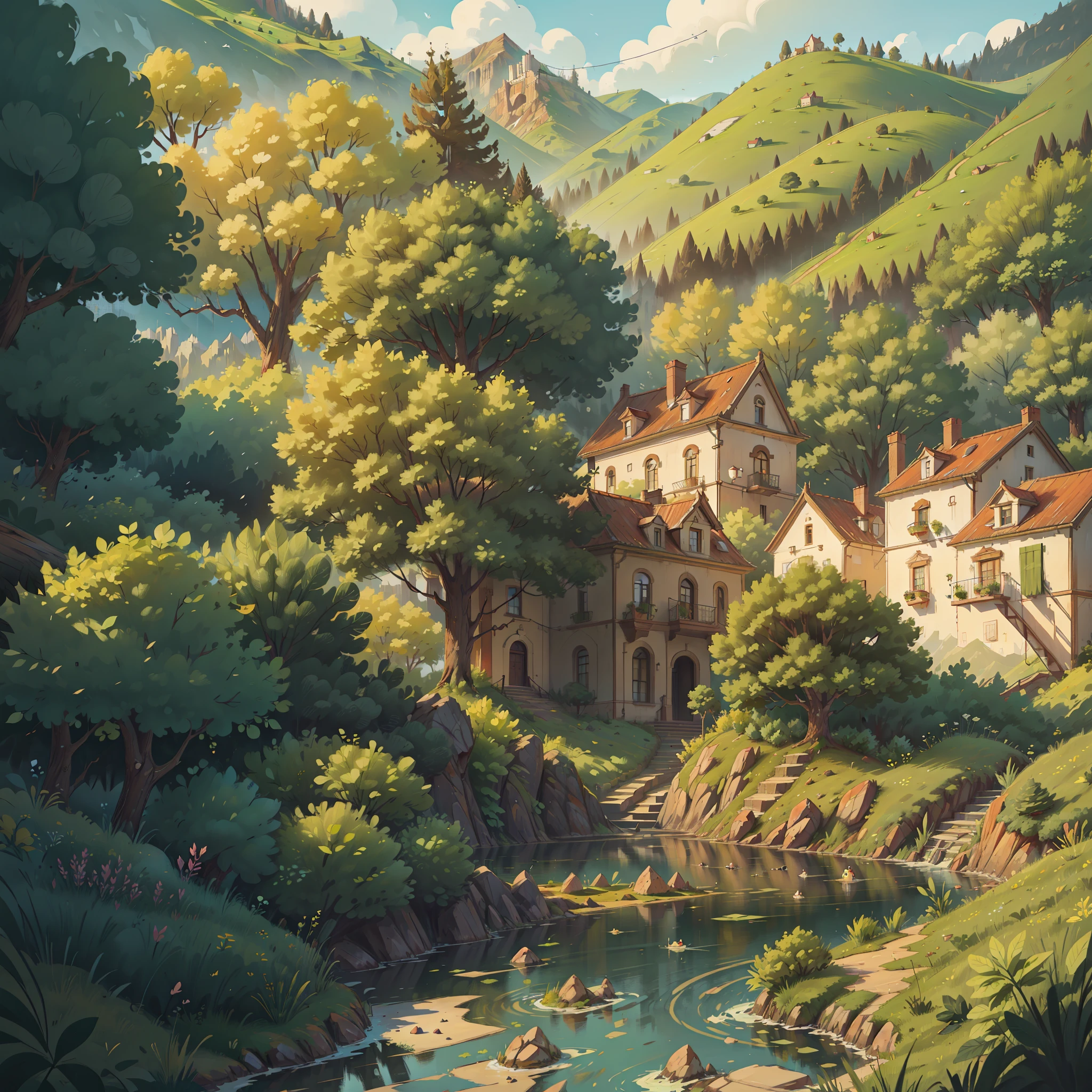 Beautiful city amidst landscape and mountains in a province, ruas esteiras, Old mansions, carros antigos, A magical place full of charms. Suas terras eram verdejantes, full of mighty rivers and leafy trees. terra, viviam muitas pessoas, each with its own story and dreams