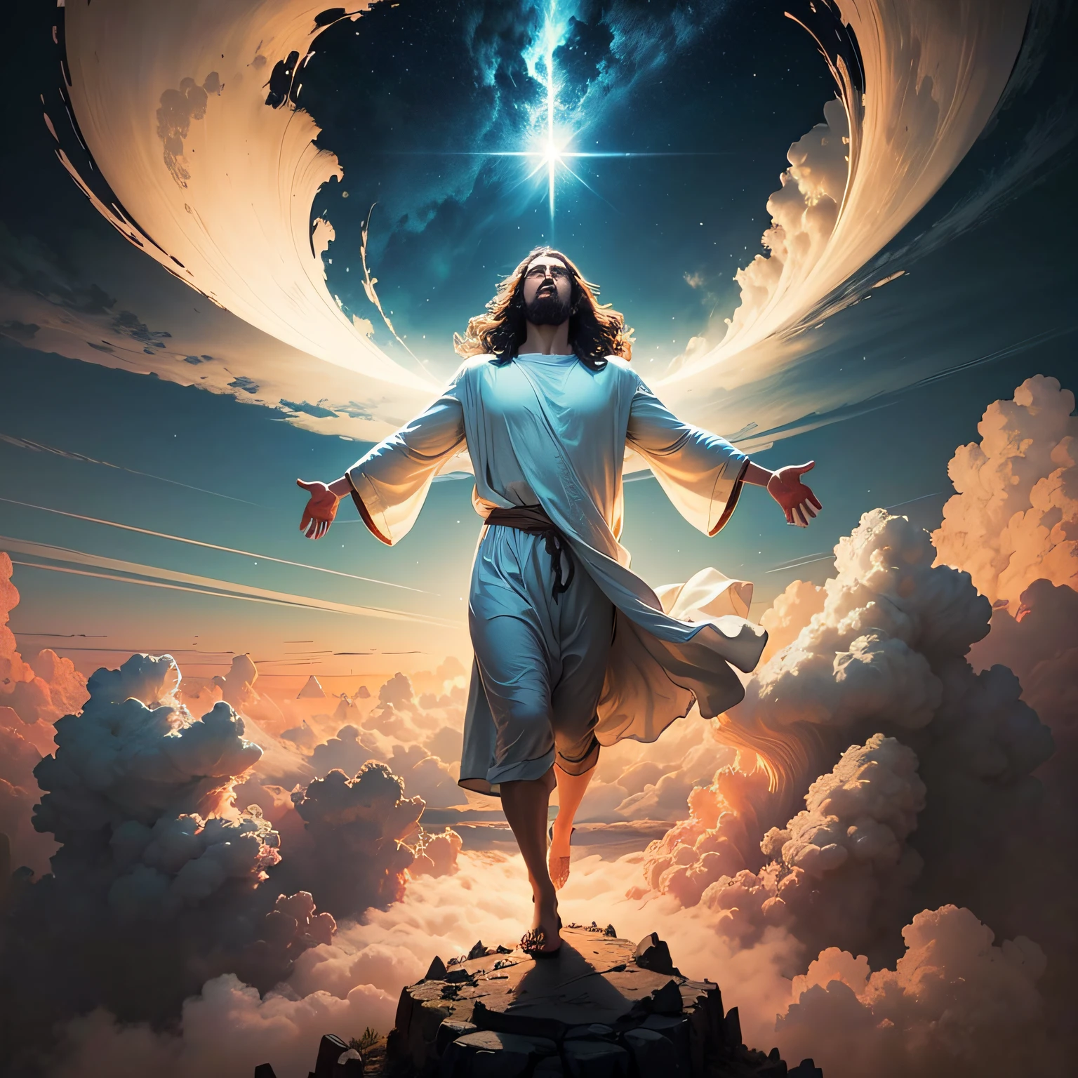 Jesus floating in the air on top of clouds with a light shining brightly on his face --auto