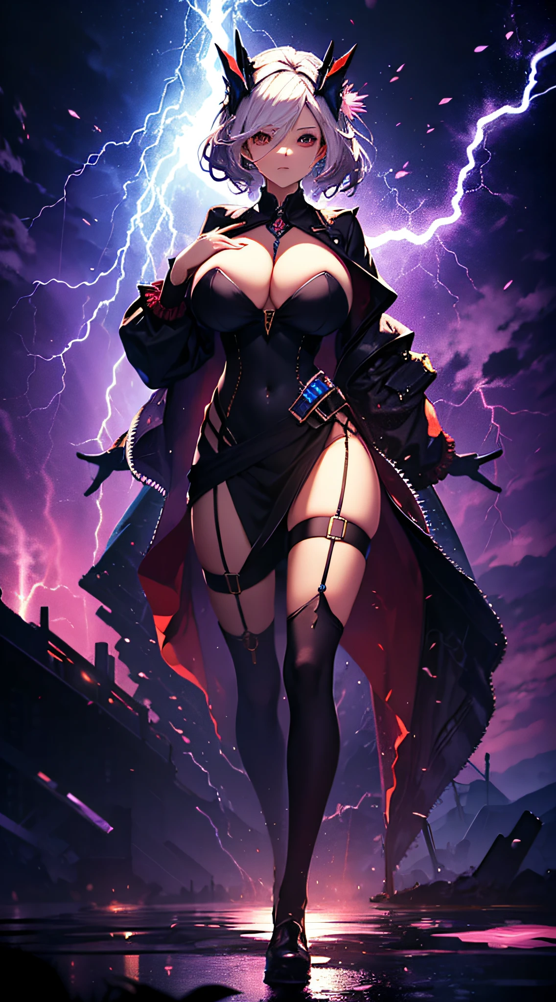 Girl Huge breasts, Clouds, Colorful, masterpaintings,Lightning background,Tall,Full body photo,Face forward,Delicate facial features