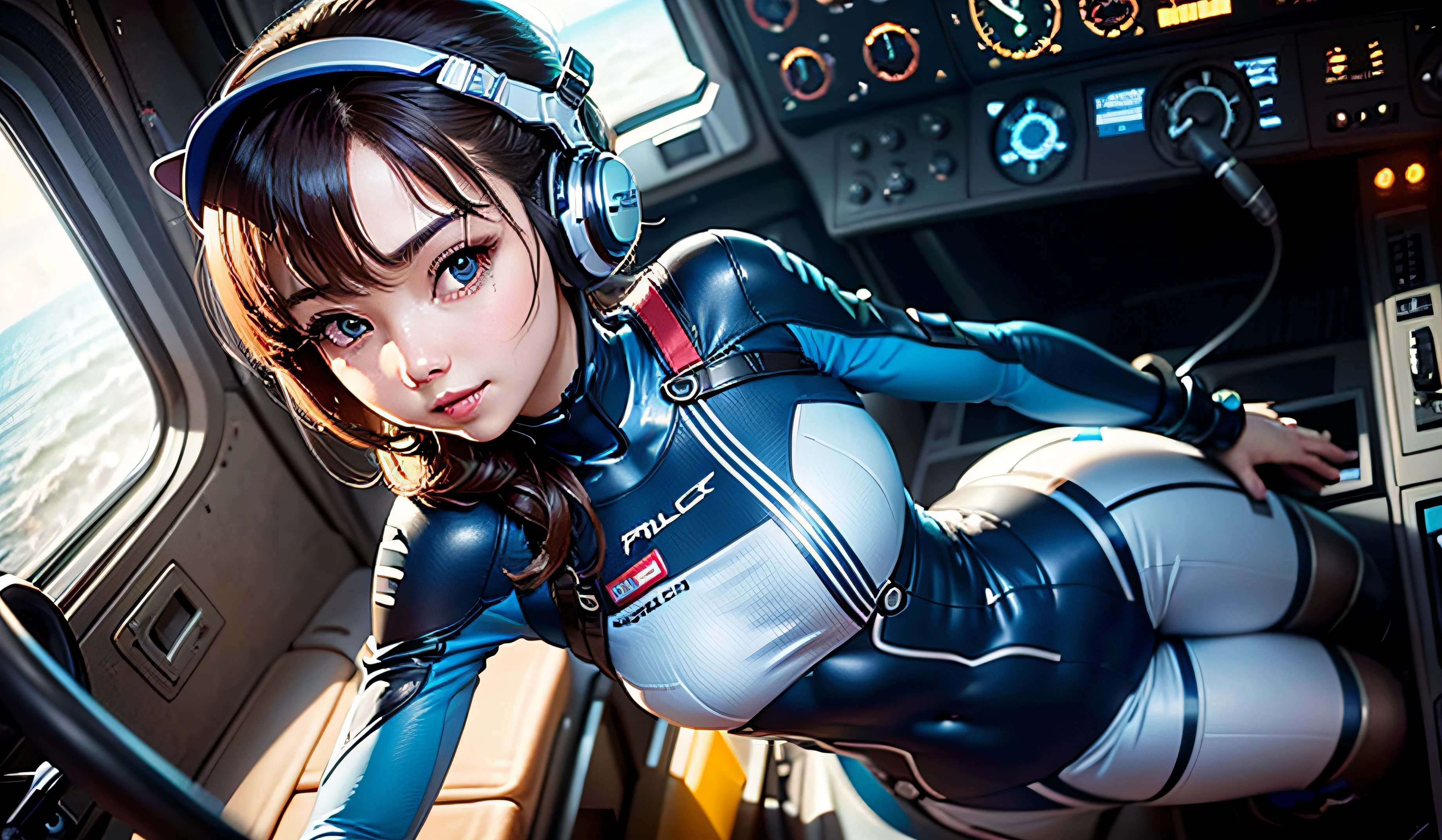 (A masterpice、最好质量、Top resolution、Distinct_image、Detailed details、portlate。Angle from above): (独奏、Lone Girl、Japan Faces、short-cut、Brown-haired girl、Whole human body、(the perfect body:1.4)、cuteness、a Pretty、Glittering blue colored eyes、Pilot suit in white and blue colors、Tight Fit Clothing、Clothing that covers the whole body、extreamly delicate and beautiful、detailed skins、Slim body、exoskeleton、lightl smile、heroine、headset on head、long boots、Facing the front、staring the viewer、Kindness、gloves)、(Inside the spacecraft、Communications Equipment、controller、cockpit、Maneuvering the Vehicle、Future)