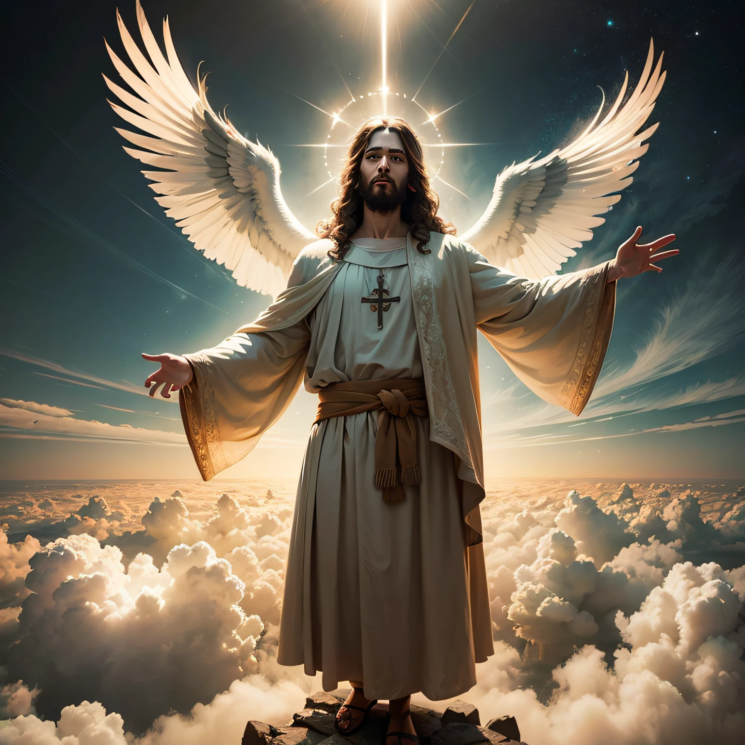 Jesus floating in the air on top of clouds with a light shining brightly on his face --auto