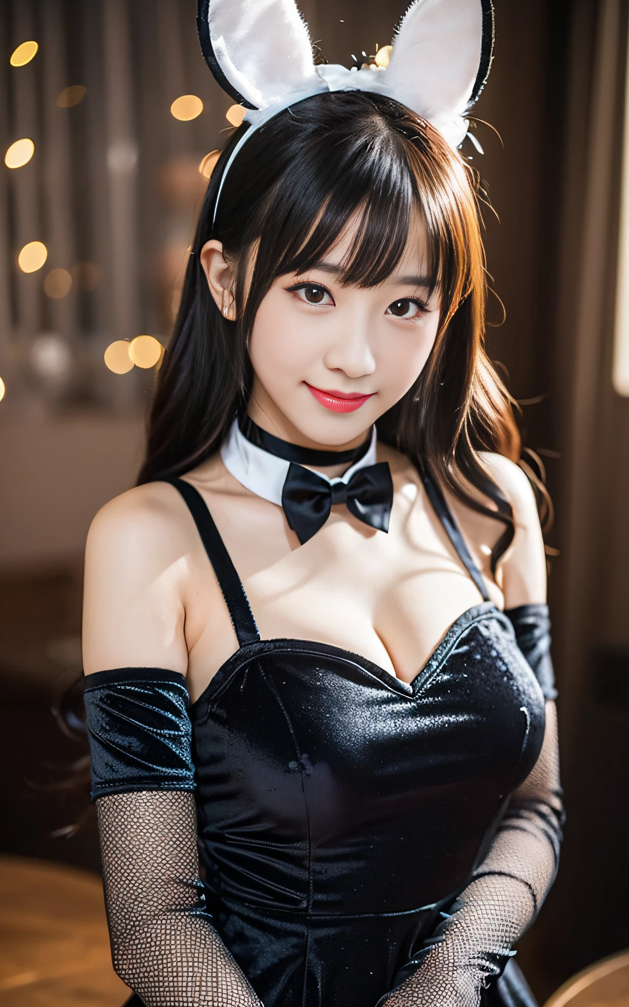 8K, Black velvet bunny girl costume, velvet, a 20 yo woman, Bokeh background, bokeh feeling, Girl's room, a smile, White Skin Skin, A pretty girl, breasts on table, White choker and black bow tie, White cuffs, ponie tail