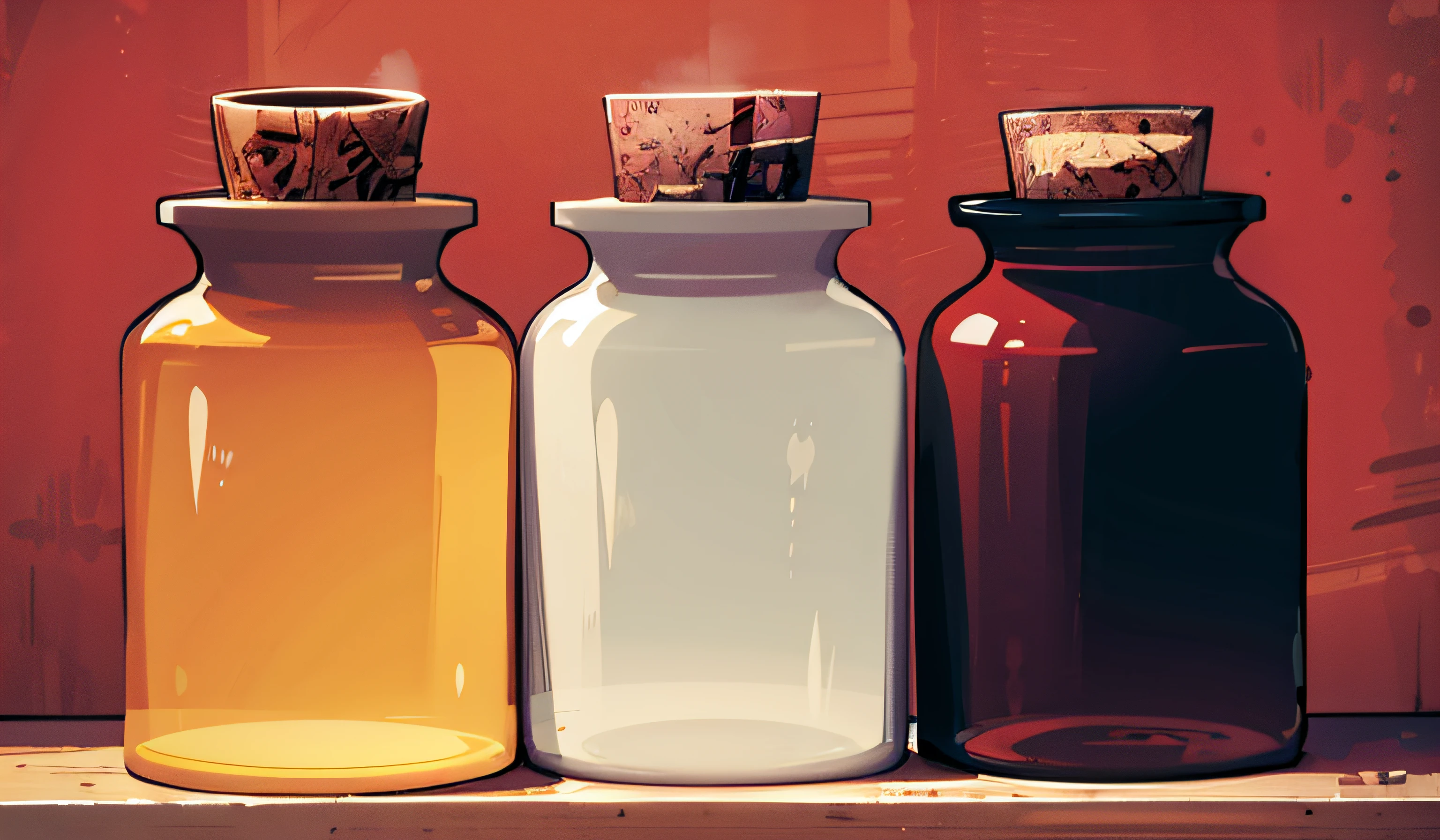 three white bottles with cork tops sit on a counter, fotografia do produto
