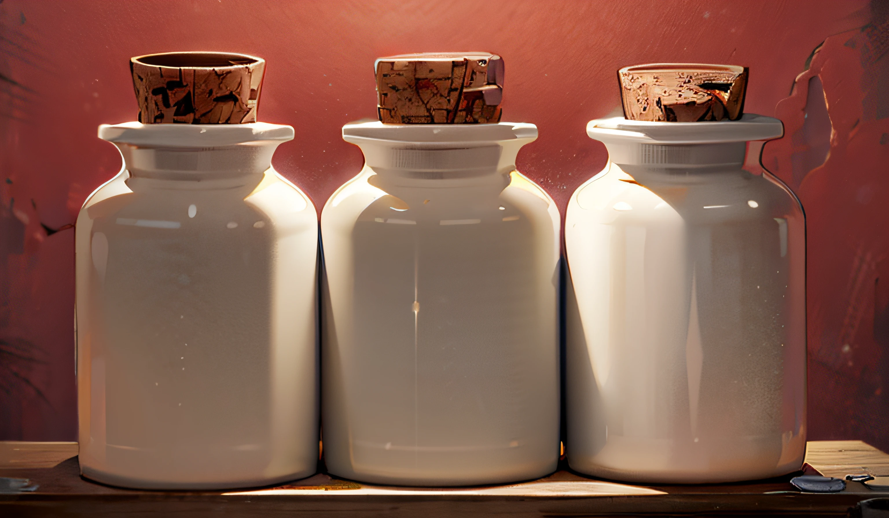 three white bottles with cork tops sit on a counter, fotografia do produto
