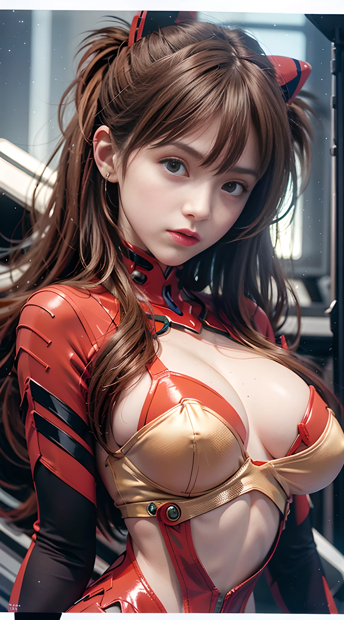 （overhead view），dynamic angle，dynamicpose，superdetailed，illustration，Close up of，Straight Forward，1girl huge large breasts，souryuuasukalangley，
 （（souryuu asuka langley，Interface headset，red body suit：1.5，bionde）），Her eyes shone like dreamy stars，（gloweyes：1.233），（Beautiful and delicate eyes：1.1），（Expressionlessly，Keep your mouth shut），（to stand），
（Mechanical room with tools and spaceship windows in a white spaceship），
（夜晚：1.2），Dreamlike， [[Slender fingers and hands：0.55]：：0.85]，（detail finger），
