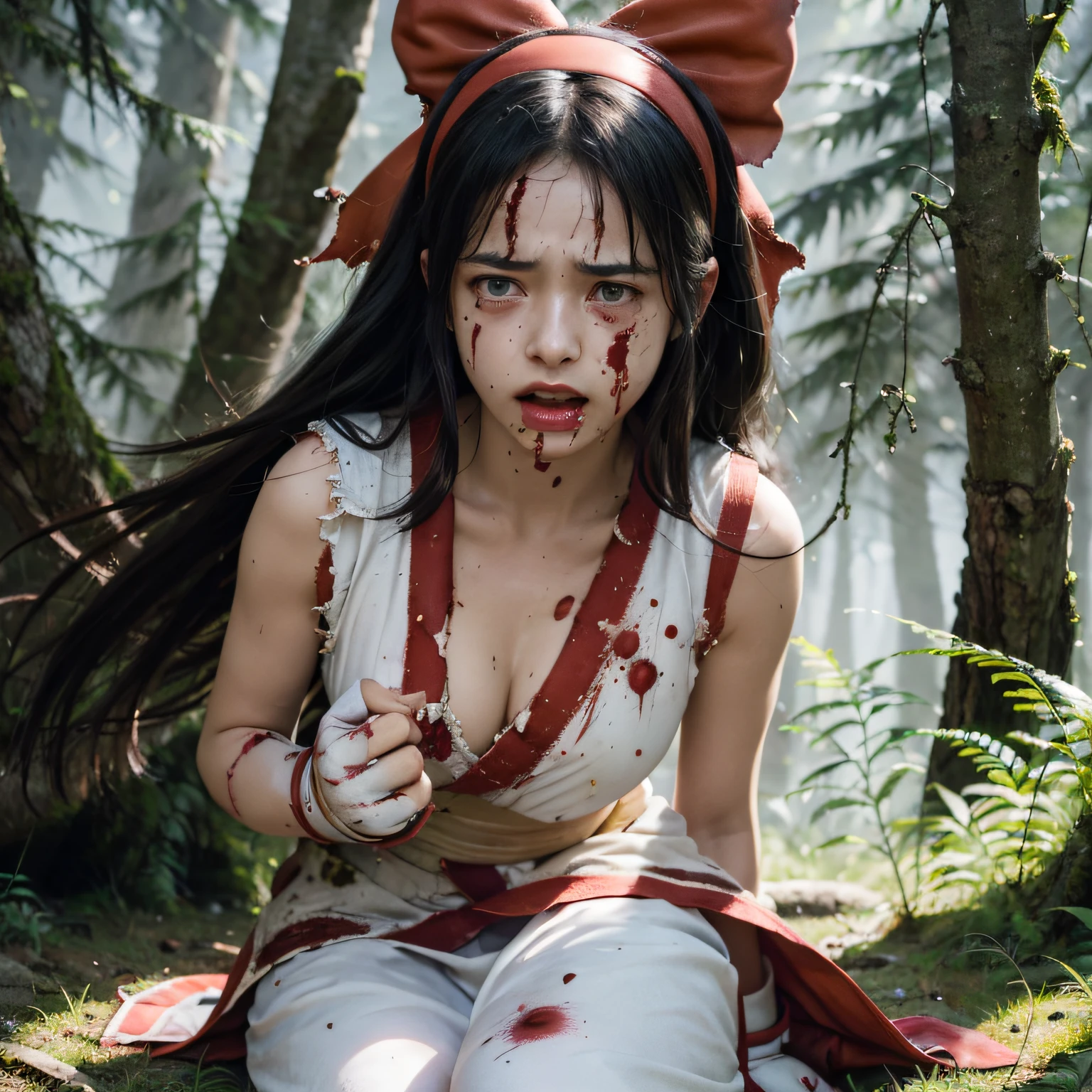 (Master masterpiece), (Raw photography、the best quality), ultra-high-resolution, Professional artwork, superdetailed, intrikate, details face, Perfect Lighting, (1 Girl、独奏:1.2)、Nakoruru、length hair, Red bow, bow, Blue Eye, black har, arma, ainu clothes, Hair Bow, Hair Band, reverse grip, ngel, Underpants,  gloves, extra very long hair, looking at the viewers, poneyTail, Whole human body、Underarms、Naked foot, cleavage of the breast、Sleeveless, Fingerless gloves, in a kimono, obi,(perfect hand:1.5)、(Perfect_Anatomy:1.2)、Octane Render、(Crying、weak and tired eyes、Tears:1.2),(Bruises and blood stains on the face and body、blood flowing from head and face、injuries on body、Damage、Wounds and cuts、bleeding lips:1.3),(Torn clothing、Tattered clothes:1.5)、(Kneeling weakly:1.2)、 (in woods)、tousled hair、Tired and weak face、(Perfect Body、flawless、perfect thighs)、((Blood stains on clothes、bloody skin:1.3))、(Film lighting)、Soft lighting、Complex and cinematic appearance、Cinema tick writing、Dynamic angles