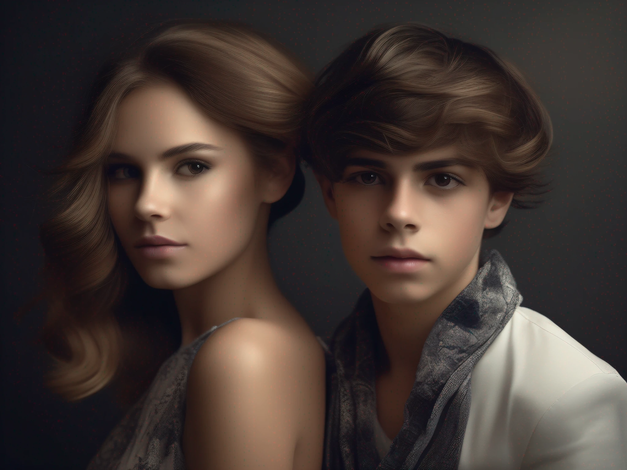 Generar retrato de moda, fashion portrait of a girl girl and boy boy, su maquillaje, cabello, y armario, elegancia, illumination, Medio ambiente