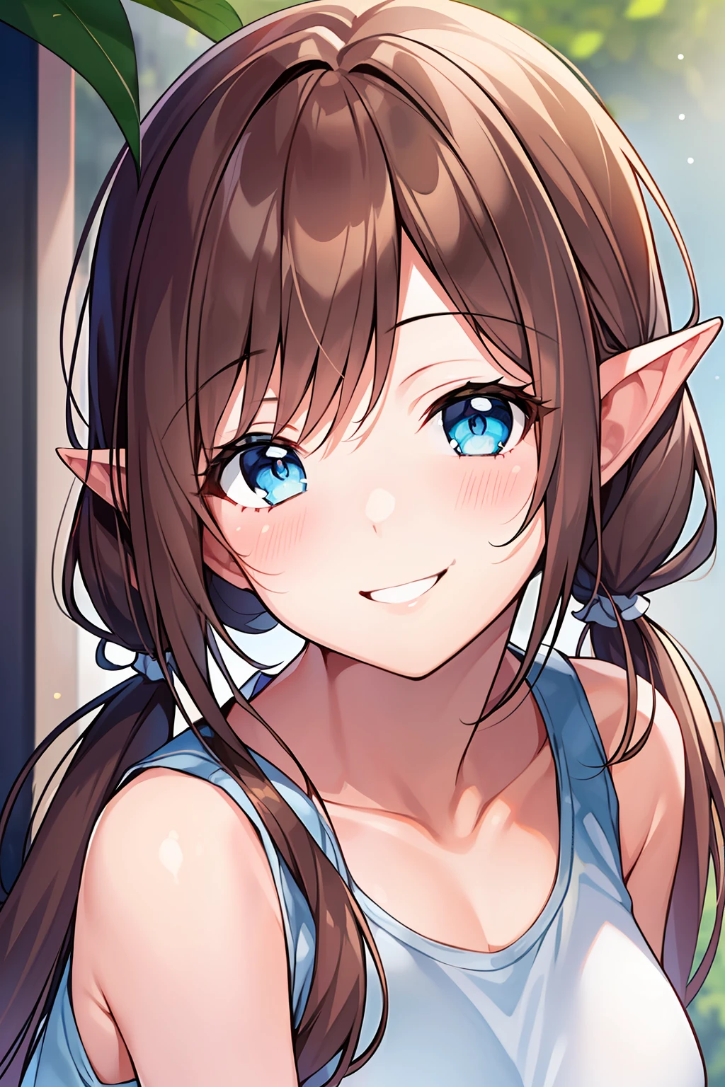 1girl, smiling, smile, light blush, pointy ears, brown hair, ((low twintails)), light blue eyes, white tank top, masterpiece, close up,
