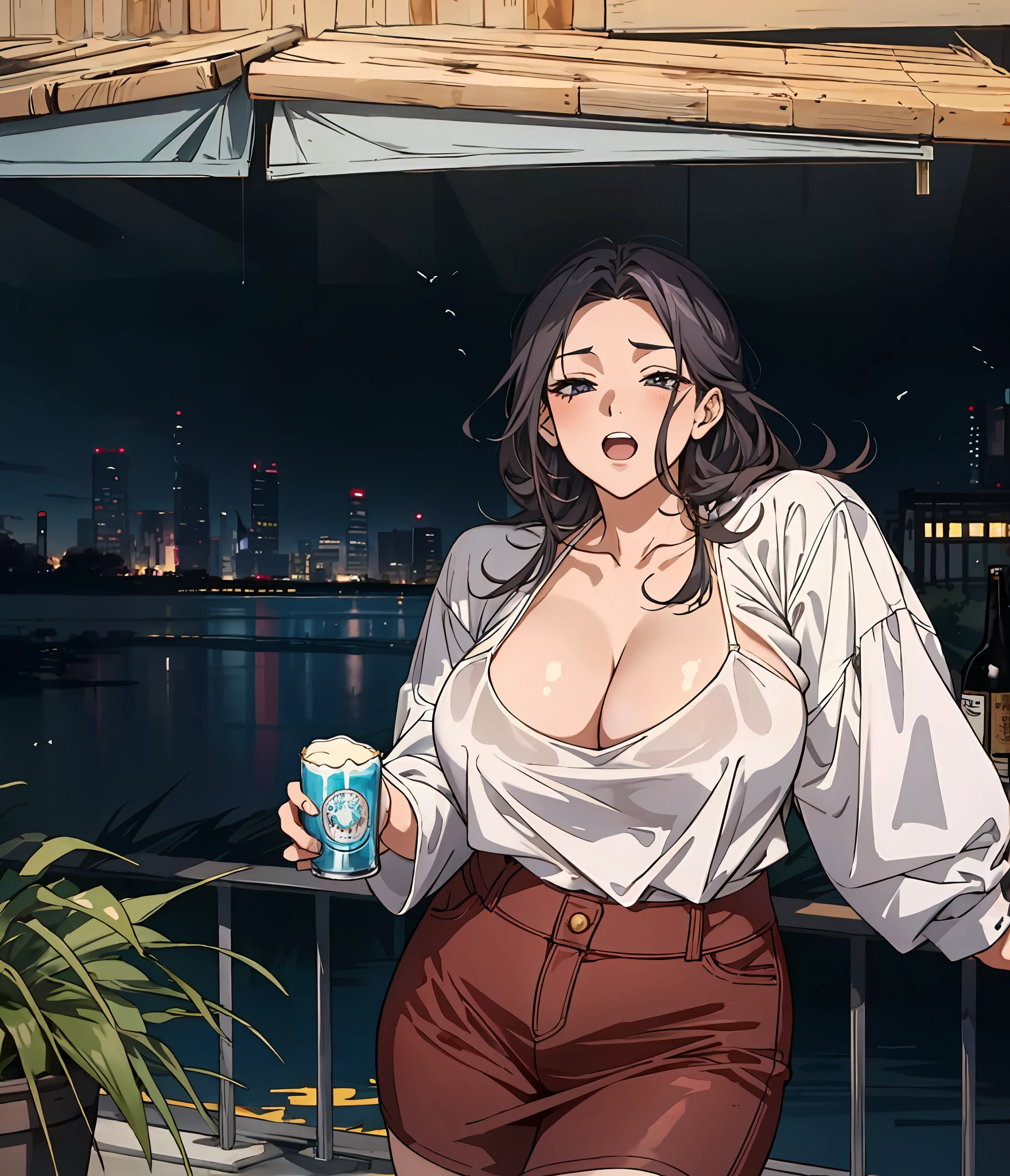 anime girl with a beer in her hand standing on a balcony, with a drink, anime girl drinks a beer, (sfw) safe for work, trending on cgstation, seductive anime girl, artwork in the style of guweiz, revealing clothes, oppai, trending at cgstation, by Yang J, guweiz, oppai cyberpunk, drunk girl, drunk girl, drunk girl, drunk girl, drunk girl. Drunk girl, drunk girl!! Extremely drunk girl!