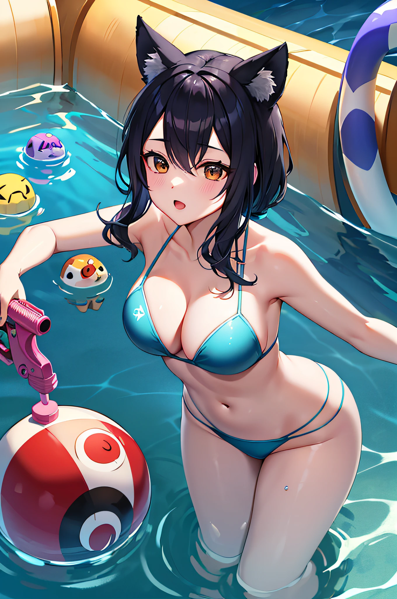 Best Picture Quality.4K, extreme hight detail，League of Legends Tanuki，Ali，fox ear，Eight fox tails，pools of water，water gun，Swimming rings ，Orbs of Magic，swimsuiti。