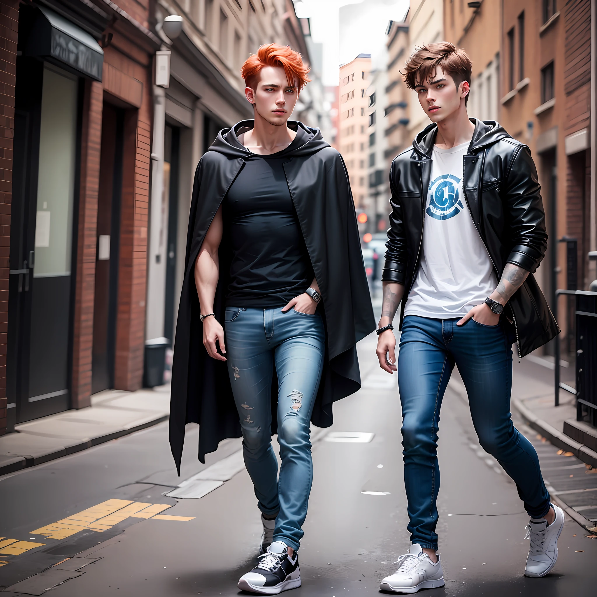 Red-haired tall guy with blue eyes, in a black leather cloak, jeans and sneakers on his feet --auto