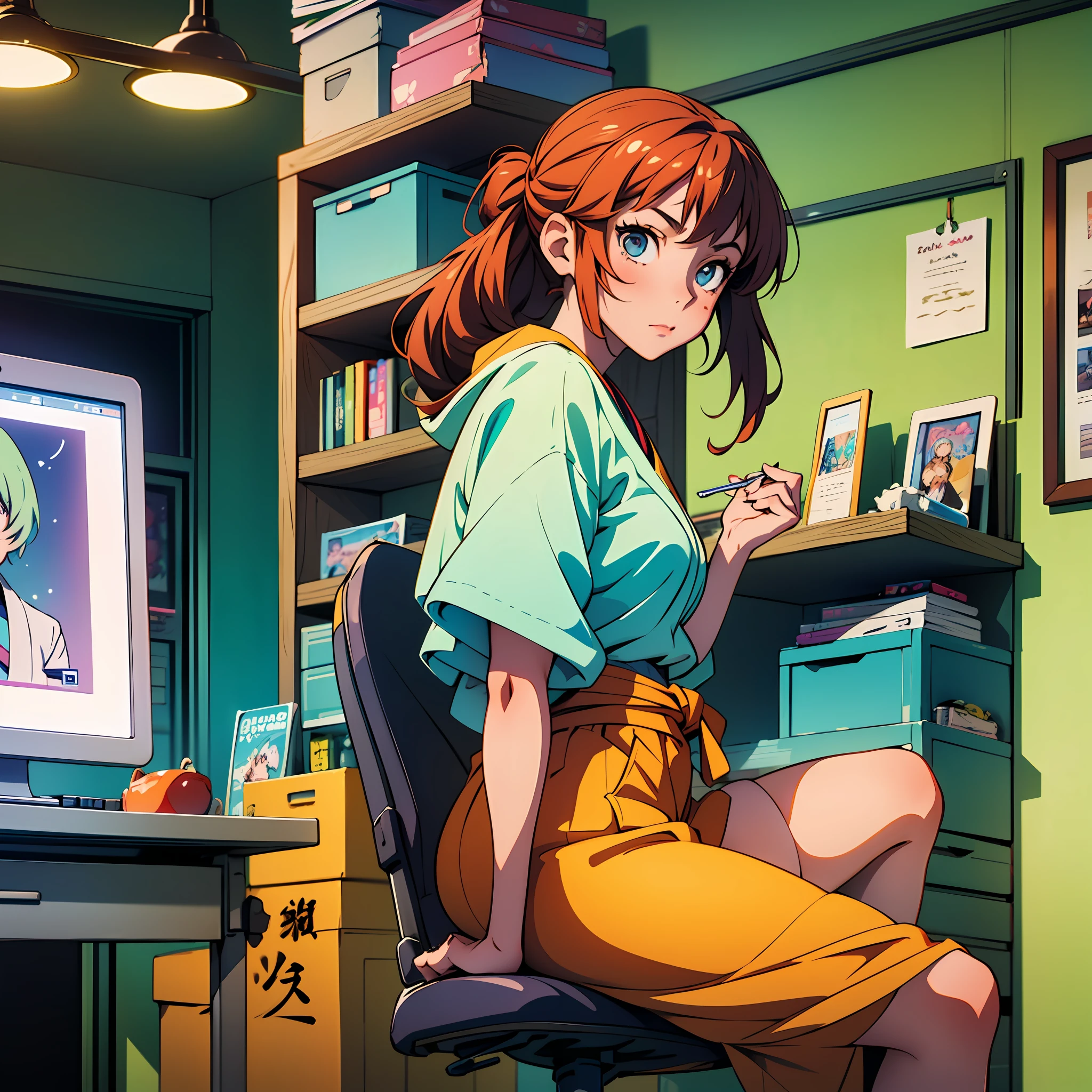 Create an image in the anime style of Kyoto Animation featuring a detailed depiction of a girl sitting in her bedroom. The image should capture the essence of a typical Japanese teenager's room, filled with electronics, video games, computers, and manga. Pay attention to the character's appearance, clothing, and the vibrant colorful palette --auto