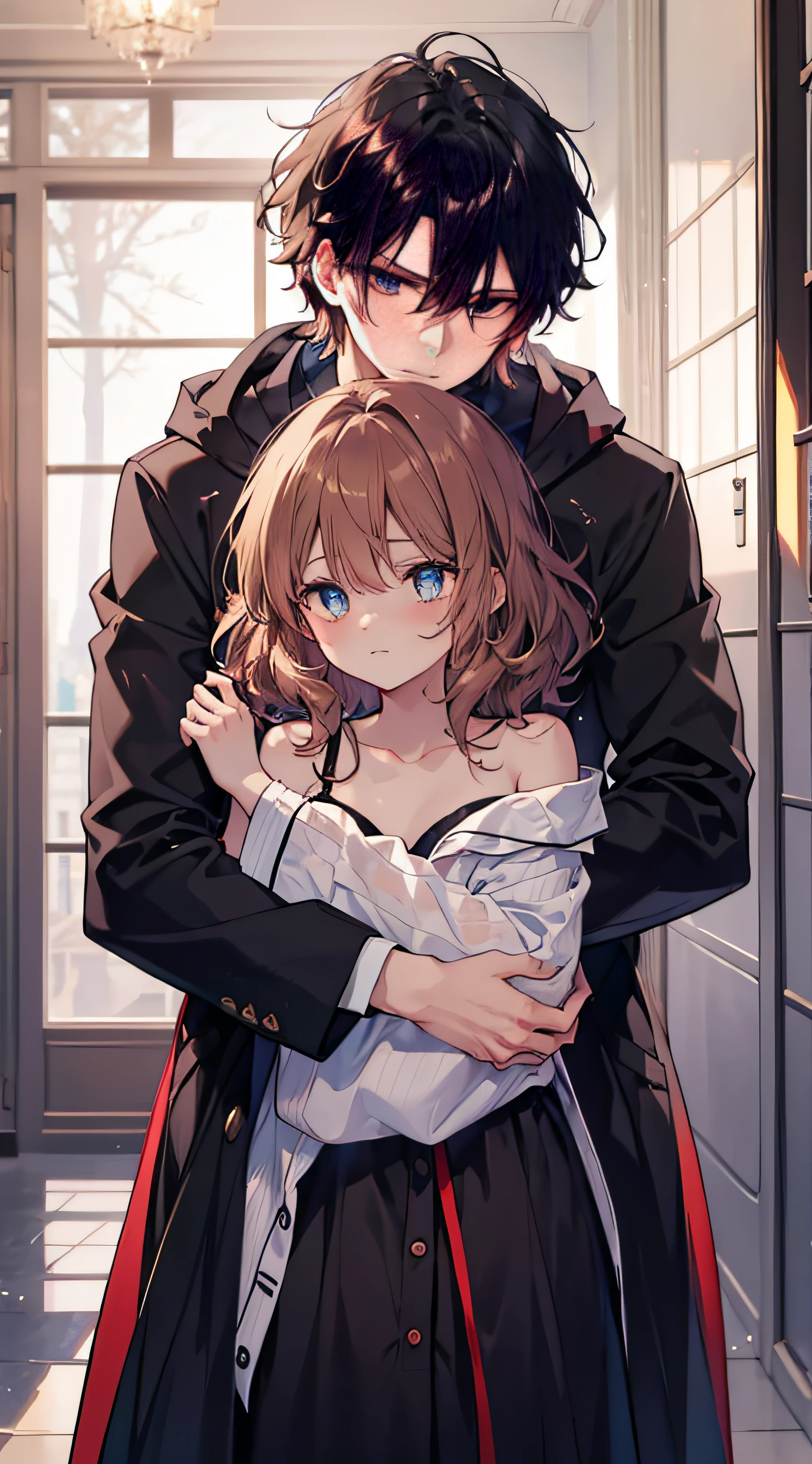 couple，1 man，sharp looking blue eyes，Sharp pupils，Brown pointed hair，He wears a black robe and pajamas，pajama，Intimate hug with red-eyed wife（（18 year old face））