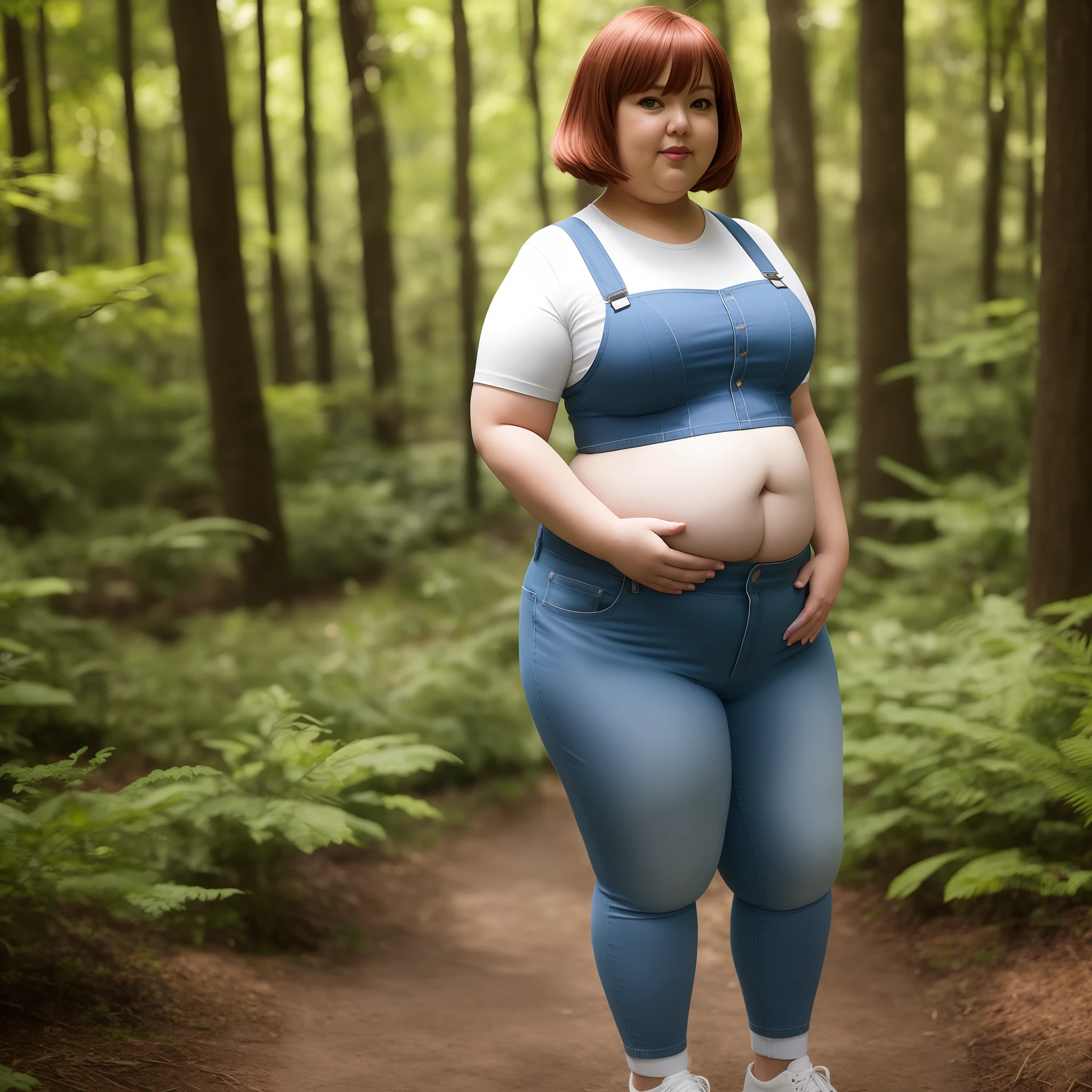 misty \(A pokémon\), forest, Looking at Viewer, Fat, obese, Big belly, massive belly, massive belly, belly, croptop, Camisa blanca, suspenders, suspender shorts, Denim Shorts, Skin Tight, Tight shirt, tight short pants, Standing, holding belly, Brown hairs, short hair, Realistic, photograph, Outdoors, Sunlight, DSLR, Overweight