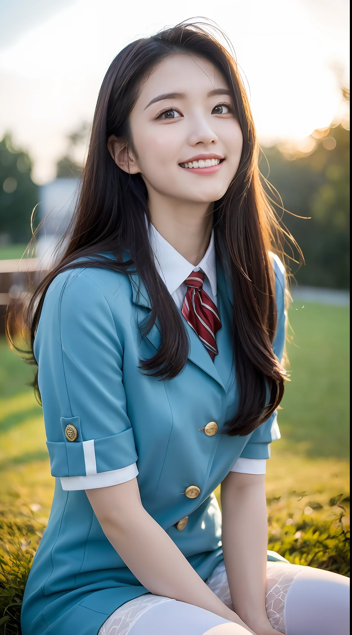 (1 Korean star with royal sister style), ((Best quality, 8K, 巨作: 1.3)), focal point: 1.2, Perfect body beauty: 1.4, (Smile), (Sunset: 1.3), Watery eyes, highly detailed face and skin textures, Fine eyes, Double eyelids, Whitens the skin, (Long hair, Air bangs: 1.3), (Round face: 1.5), (Uniform: 1.4), (Sitting in the park,The blue sky and white clouds: 1.6),(Black stockings: 1.4),(film grain style:1.3),a sense of atmosphere