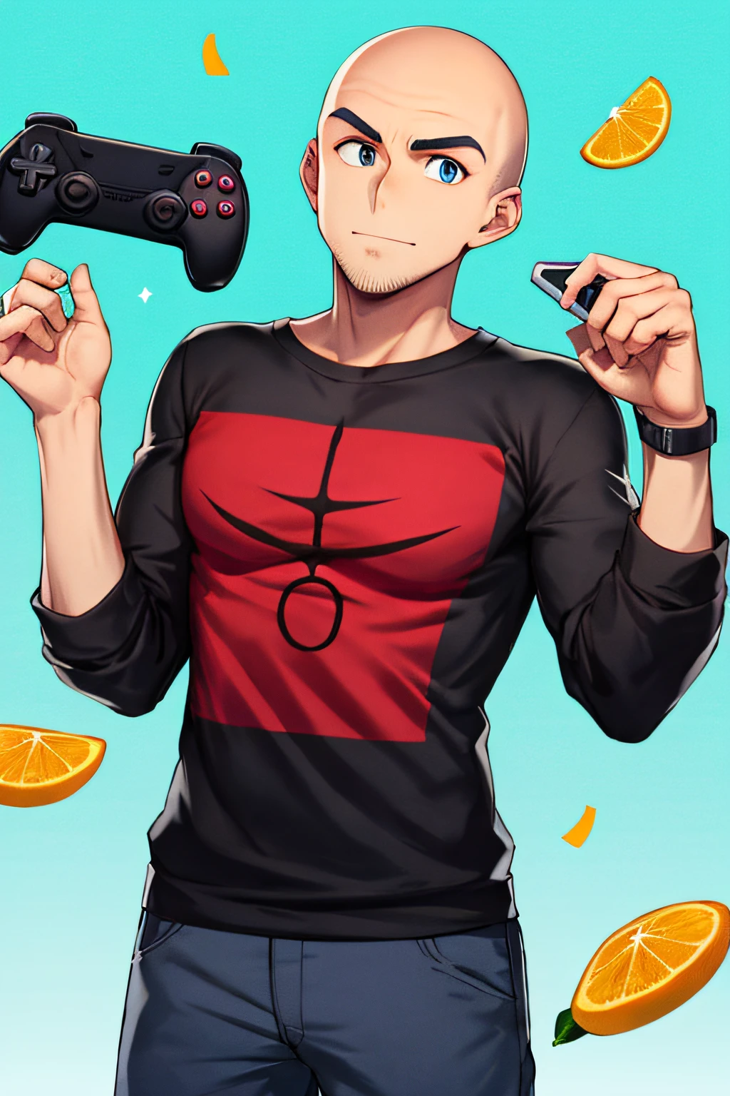 Um homem , bald, careca, adulto, careca, acima do peso, gordura, Corpo largo, moletom laranja, usando moletom laranja, sobrepeso, boca fechada, Video game controller in hand, sentado, olhando no visualizador, Foco masculino, linhas de movimento, divertido, sem cabelo, sem cabelo, barba fina, gordura, acima do peso, segurando o controlador de videogame, Estilo anime